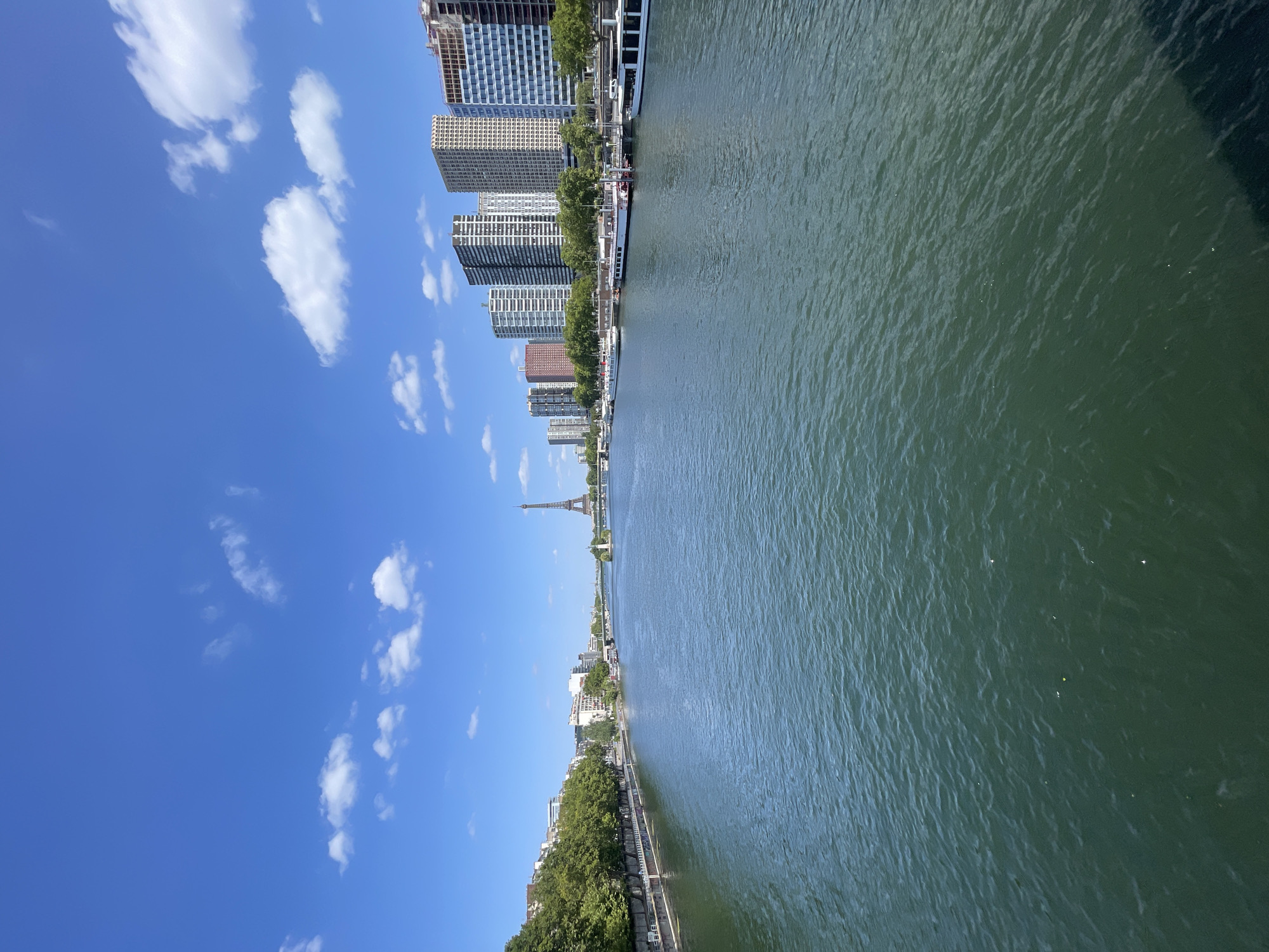 This is a landscape orientation photograph of the Seine River in Paris, France. The river occupies the right half of the frame and is a deep green color with ripples on its surface. On the left side of the river, a cityscape is visible. A line of tall buildings, some with modern architectural styles and glass facades, are lined up along the riverbank. Trees with lush green foliage are interspersed between the buildings and along the riverfront. Further in the distance, the Eiffel Tower stands prominently against a bright blue sky with scattered white clouds. Several boats are docked along the river. The image appears to have been taken on a clear, sunny day. The orientation of the photo is such that the sky is on the left and the river is on the right, indicating it was likely taken while rotating the camera. No text is visible in the image.