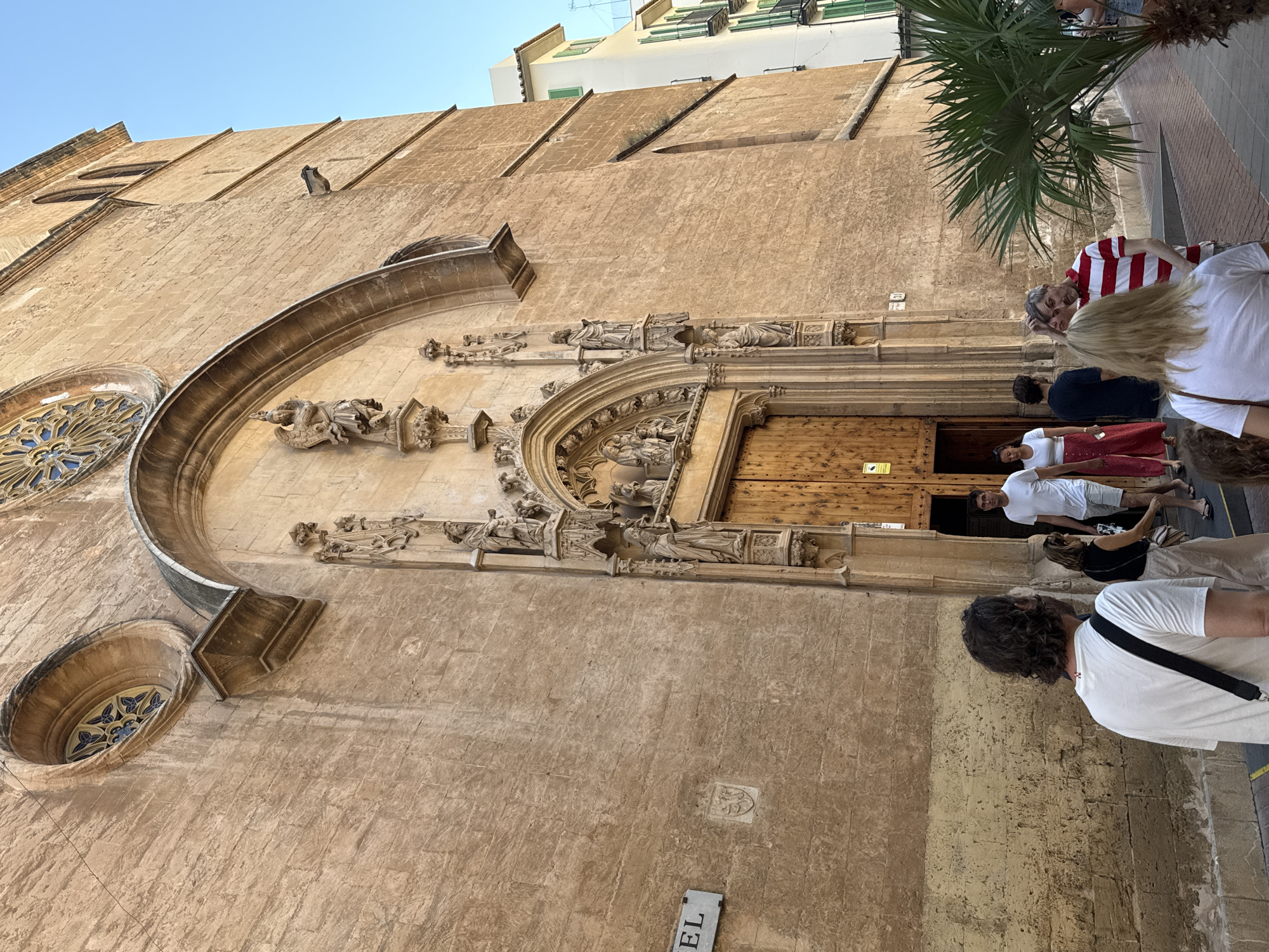 The image captures an exterior view of the Palma Cathedral, also known as La Seu, in Palma de Mallorca, Spain. The cathedral's facade is made of sandstone, featuring intricate Gothic architecture. A prominent feature is the large, arched wooden entrance, flanked by ornate sculptures and decorative elements. Above the entrance, a rose window is visible. To the left of the entrance, a street sign with the word "EL" is affixed to the wall.
Several people are present in the scene, walking along the paved pathway in front of the cathedral. In the foreground, a man with curly brown hair wearing a white t-shirt with a black strap across his shoulder is walking away from the camera. Other individuals are seen in smaller groups, some looking towards the cathedral, others walking past. One man in a red and white striped shirt is looking towards the camera with a hand on his head. A palm tree with lush green fronds is positioned to the right of the frame, adding a tropical element to the urban setting. The sky is clear and blue, indicating a sunny day. The overall scene depicts a lively street with tourists and locals interacting with the historic architectural landmark.