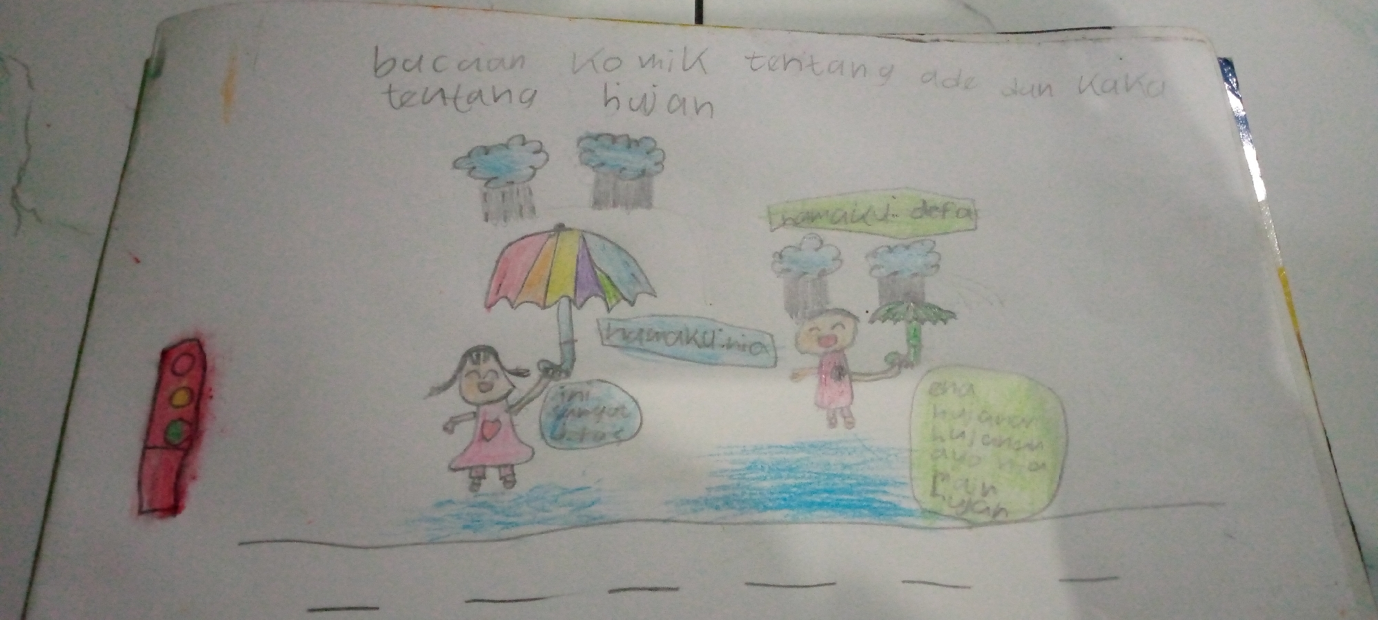 The image is a child's drawing on paper, depicting a scene with a traffic light on the left, a road, and stylized clouds with rain. Two children are present, one under a rainbow-colored umbrella and another holding a green umbrella. Speech bubbles contain text that appears to be in Indonesian, with one bubble saying "ini mayor" and another saying "hujan deras". The title above the drawing reads "bacaan Komik tentang ade dan Kaka", which translates to "Comic reading about younger sibling and older sibling". The drawing style is simple and colorful, typical of a child's artwork. The scene suggests an outdoor environment during a rainy day. The mention of "Sumberwono, Indonesia" is not visually represented in the drawing itself, but it is context provided alongside the image.