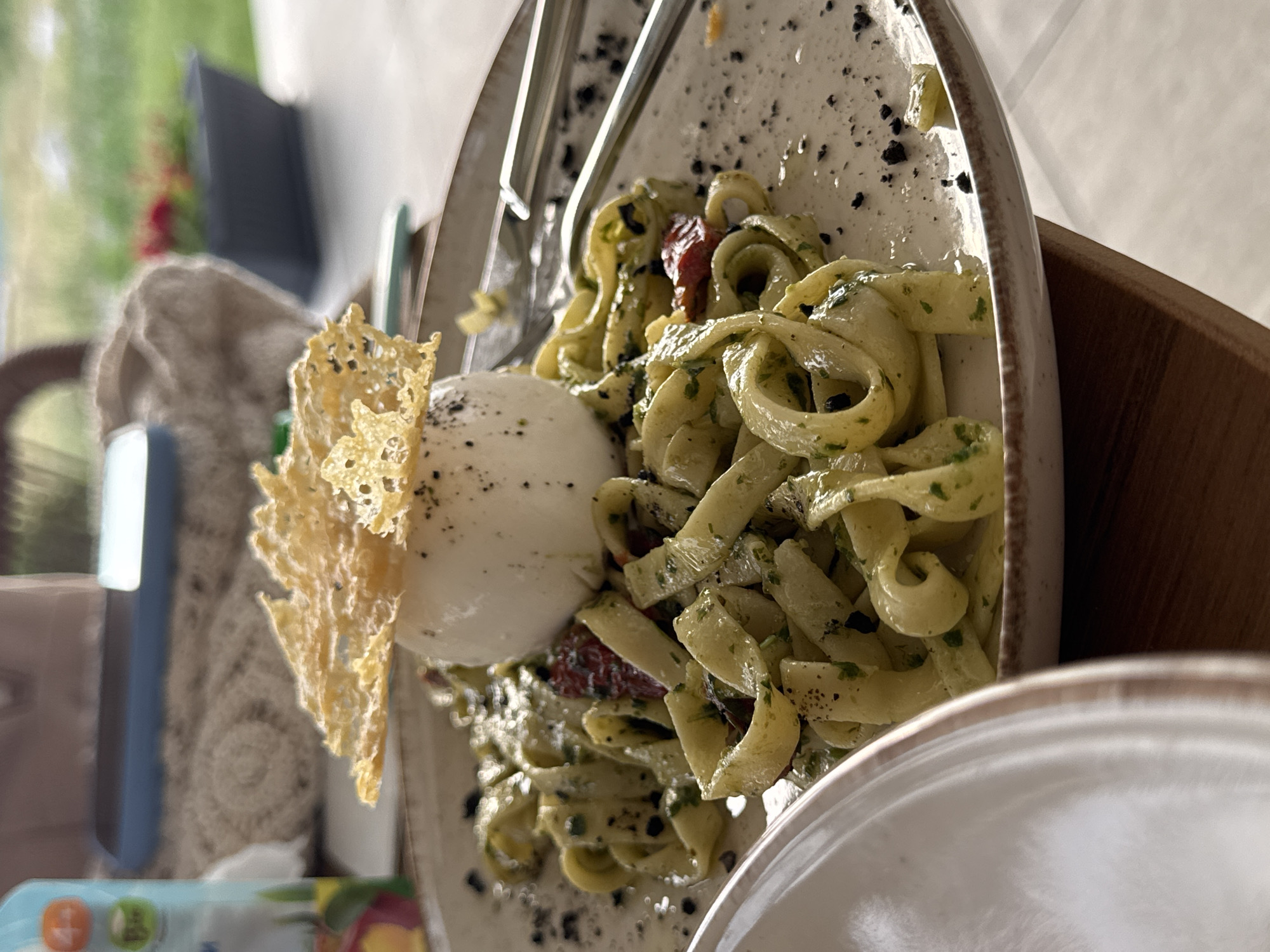 A close-up shot captures a delicious plate of pasta, likely served at a restaurant. The main subject is a generous portion of fettuccine pasta, tossed in a vibrant green sauce, possibly pesto, with visible herbs and what appear to be sun-dried tomatoes. Alongside the pasta is a large ball of burrata cheese, its creamy white exterior contrasting with the pasta's color. A delicate, golden-brown cheese crisp is artfully placed on top of the burrata, adding a textural element. The dish is seasoned with black pepper and some dark specks, which could be truffle shavings or finely chopped olives.
The setting appears to be outdoors or in a room with a view of greenery, suggested by the blurred background of trees and foliage. Sunlight filters in, creating a bright and inviting atmosphere, indicating daytime. The lighting highlights the textures and colors of the food, making it look appetizing.
Other objects visible include part of a white plate with a rustic rim, a wooden serving bowl on the right, and a fork resting on the pasta. A patterned beige fabric or tablecloth is seen on the left side of the frame. In the further background, a dark object, possibly a laptop or tablet, and a blurred glimpse of a chair are discernible.
The overall impression is one of a leisurely meal in a pleasant environment, focusing on the visually appealing presentation of the food. No people are clearly visible. The image evokes a sense of enjoyment and culinary delight. There is no visible text in the image.