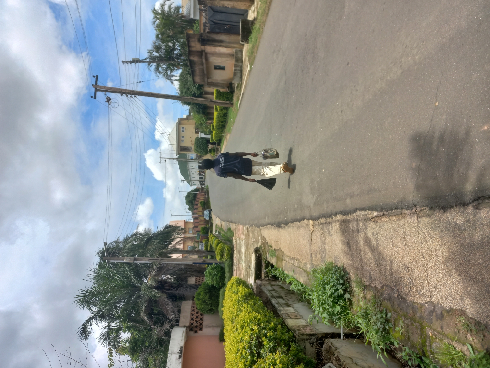 A person walks away from the camera down a paved road in a residential area. The person is wearing a dark blue t-shirt and light-colored pants, and carries two bags, one in each hand. The road is lined with green bushes and trees, and there are houses and fences on either side. Utility poles and wires are visible above the houses. The sky is partly cloudy with a mix of blue sky and white clouds. The sun is casting shadows on the road, indicating it is daytime.
