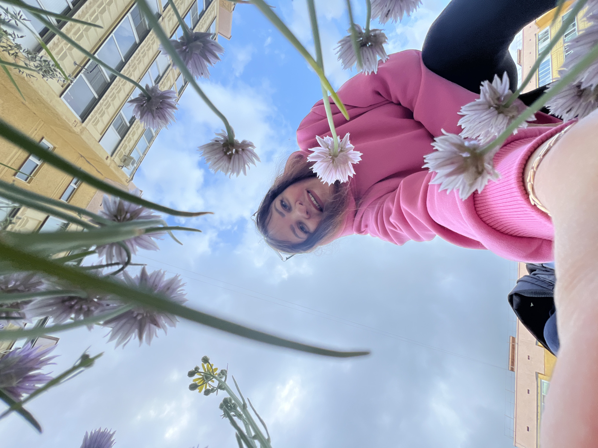 A low-angle outdoor photograph captures a woman smiling while leaning over a patch of flowering plants. The perspective is from the ground looking upwards, with numerous light purple/pinkish flowers with long green stems (resembling chive blossoms) dominating the foreground and midground. Some of these blossoms are in sharp focus, while others are softly blurred, creating a sense of depth. The woman, positioned in the upper right, has long brown hair and is wearing a bright pink hooded sweatshirt and dark leggings. Her face is visible, showing a subtle smile as she looks down towards the camera, suggesting she is interacting with the photographer or taking a selfie.
In the background, a multi-story building with distinctive yellow, textured walls and numerous rectangular windows is visible against a partially cloudy blue sky. The building appears rotated or tilted due to the extreme camera angle. Some windows reflect the sky, and a small outdoor air conditioning unit can be seen on one. The clear sky and bright lighting indicate it is daytime. The overall mood is casual and pleasant. No visible text is present in the image. The setting is Noviy, Russia.