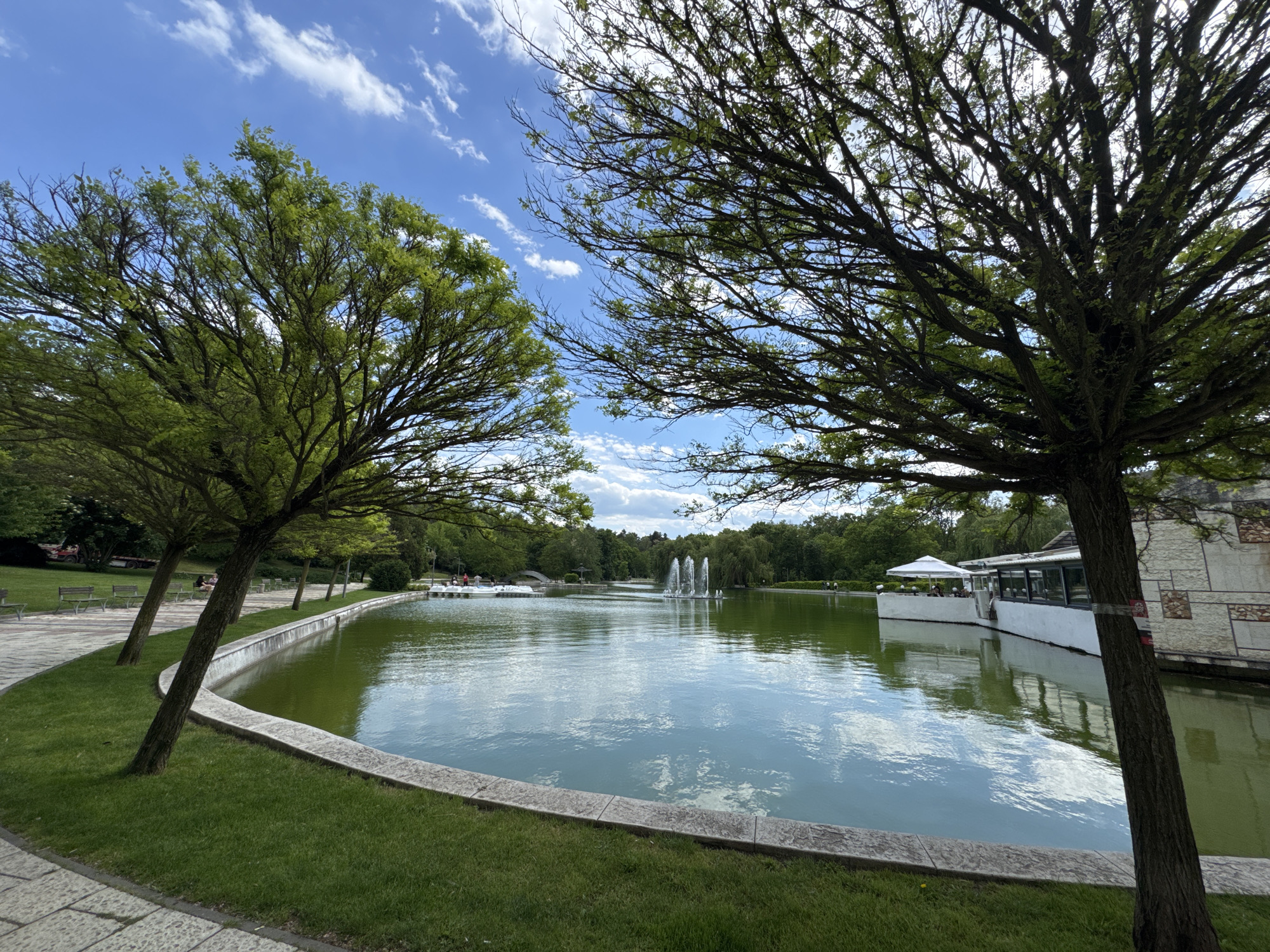 The image depicts a serene scene at Lake Dobrich in Dobrich, Bulgaria. The foreground features meticulously maintained grassy areas and stone pathways bordering the lake's edge. Two trees with dense foliage frame the view, their branches reaching towards a blue sky dotted with scattered clouds.
In the background, a fountain stands in the middle of the lake, sending water jets upwards. Further back, structures, including a building with a white facade and open-air dining areas, are visible along the lake's perimeter. Several people can be seen near the building and around the lake. The overall impression is one of a well-manicured urban park.