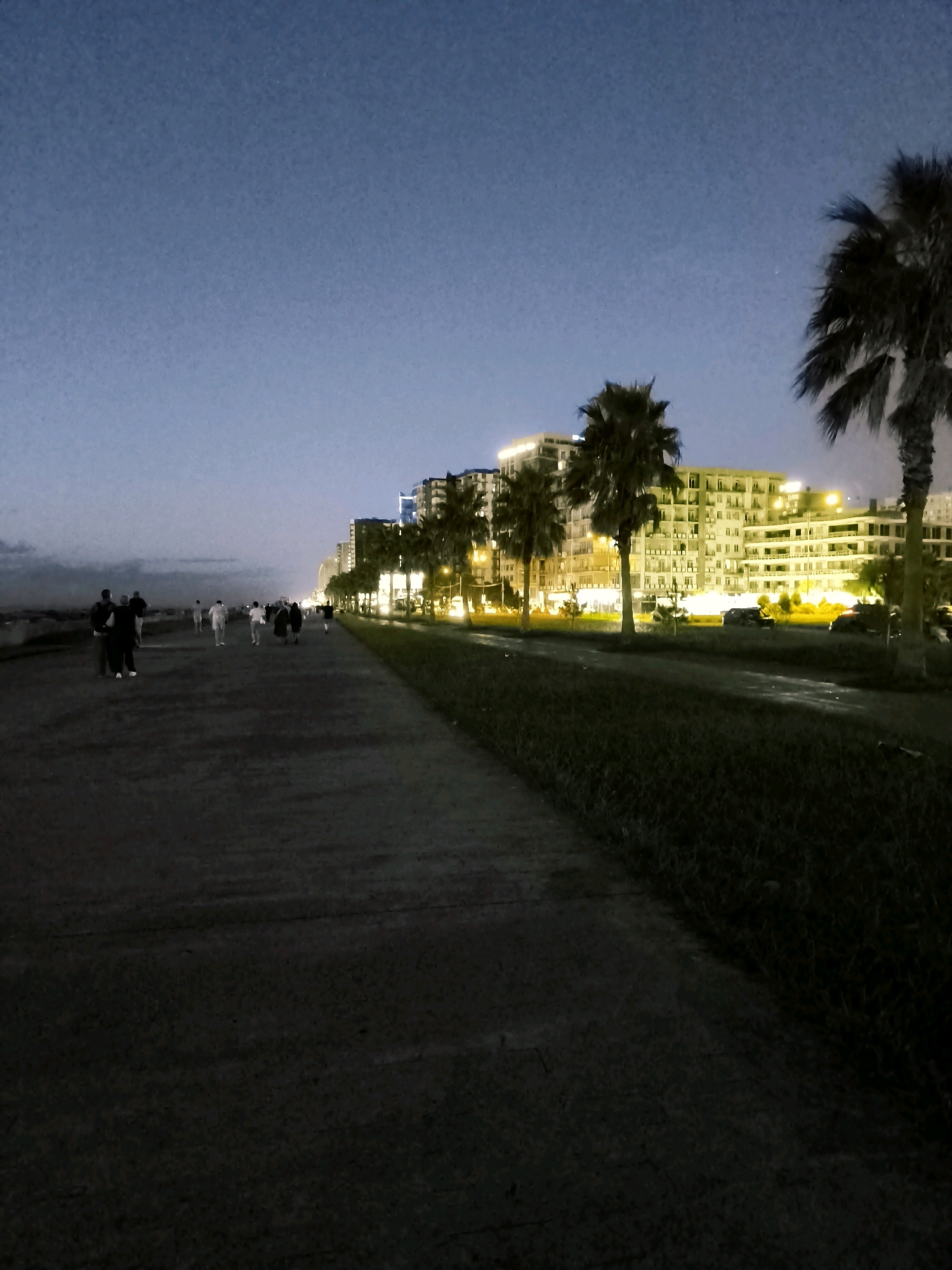 The image shows a wide asphalt walkway adjacent to a grassy area, stretching towards a row of palm trees and illuminated buildings. The sky is a deep twilight blue, indicating either early morning or late evening. Several people are scattered along the walkway, some walking in groups, others individually. They are dressed in casual clothing. The buildings in the background are multi-story structures with many windows, some of which are lit, casting a warm glow. The palm trees are silhouetted against the buildings and the sky. The overall scene suggests a public promenade or beachfront area.