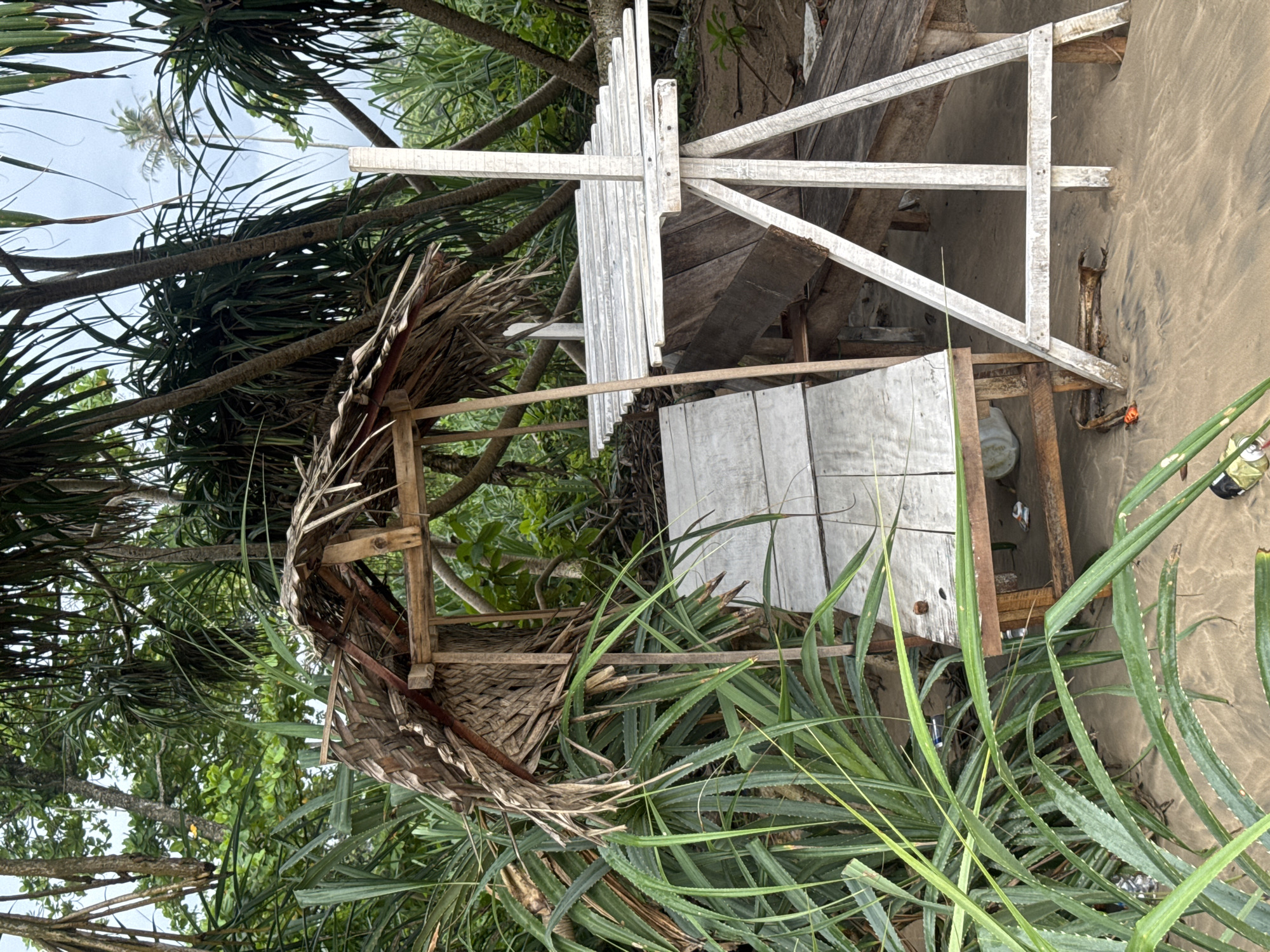 The image depicts a makeshift structure on a sandy beach in Peleana, Sri Lanka. The structure consists of a round, thatched-roof hut with a wooden frame, partially obscured by foliage. Adjacent to the hut is a raised wooden platform with white-painted railings. Litter, including cans and bottles, is scattered around the base of the platform. The surrounding environment is characterized by dense vegetation, including trees and spiky, grass-like plants. The sand is visible between the wooden planks of the platform.