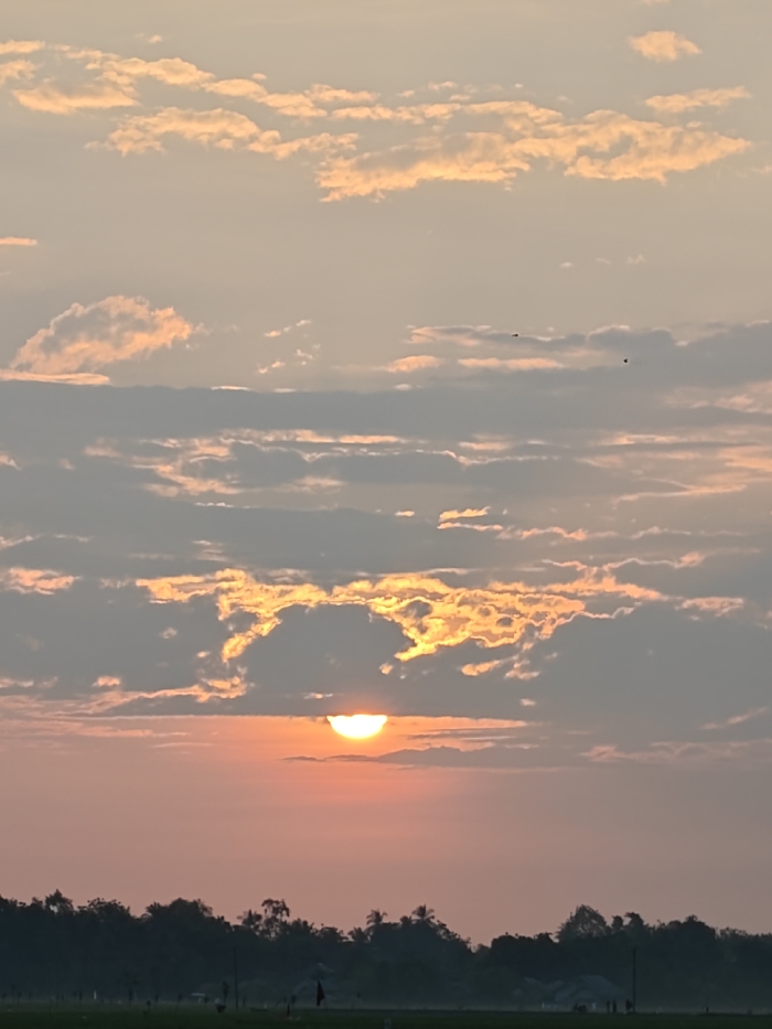 The image displays an outdoor scene in the city of Mee Pangwa, Indonesia, depicting either a sunrise or sunset over a flat horizon. The upper 75% of the frame is dominated by a sky filled with multiple cloud layers. The sun is visible as a bright, luminous orange-yellow semi-circle, positioned low in the sky and partially obscured by a dense, dark cloud band directly above it. Sunlight illuminates the undersides and edges of various clouds, creating orange and yellow highlights amidst the predominantly grey and pale orange cloud formations. Two small, dark, indistinct specks, possibly birds or distant airborne objects, are present in the upper-mid section of the sky. The lower 25% of the image shows a dark, silhouetted landscape. This silhouette consists of a dense line of tropical vegetation, including discernible palm trees, with a flat expanse of ground, possibly agricultural fields, extending to the horizon. Faint, indistinct human figures and small, low-profile structures are minimally discernible on the distant horizon within the dark silhouette, towards the right side of the frame. A slender, dark, vertical object, resembling a pole or stake, is observed in the lower-middle foreground within the silhouetted landscape. No explicit actions or interactions are discernible among the indistinct figures.