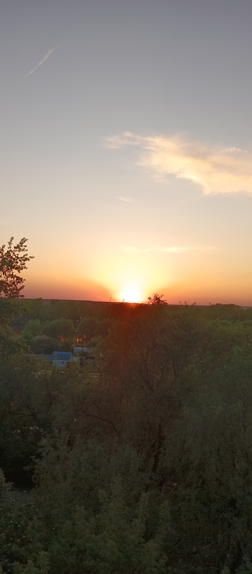 The image shows a landscape at sunset. The sky is pale, transitioning from light gray to orange near the horizon where the sun is setting. A few wispy clouds are visible. Below the sky, there's a line of trees and some distant structures. The foreground is dominated by trees and bushes. A few buildings and water can be seen through the trees. The location appears to be in a forested area. The image has a warm tone due to the setting sun. The location and exact city name are not discernible from the image.