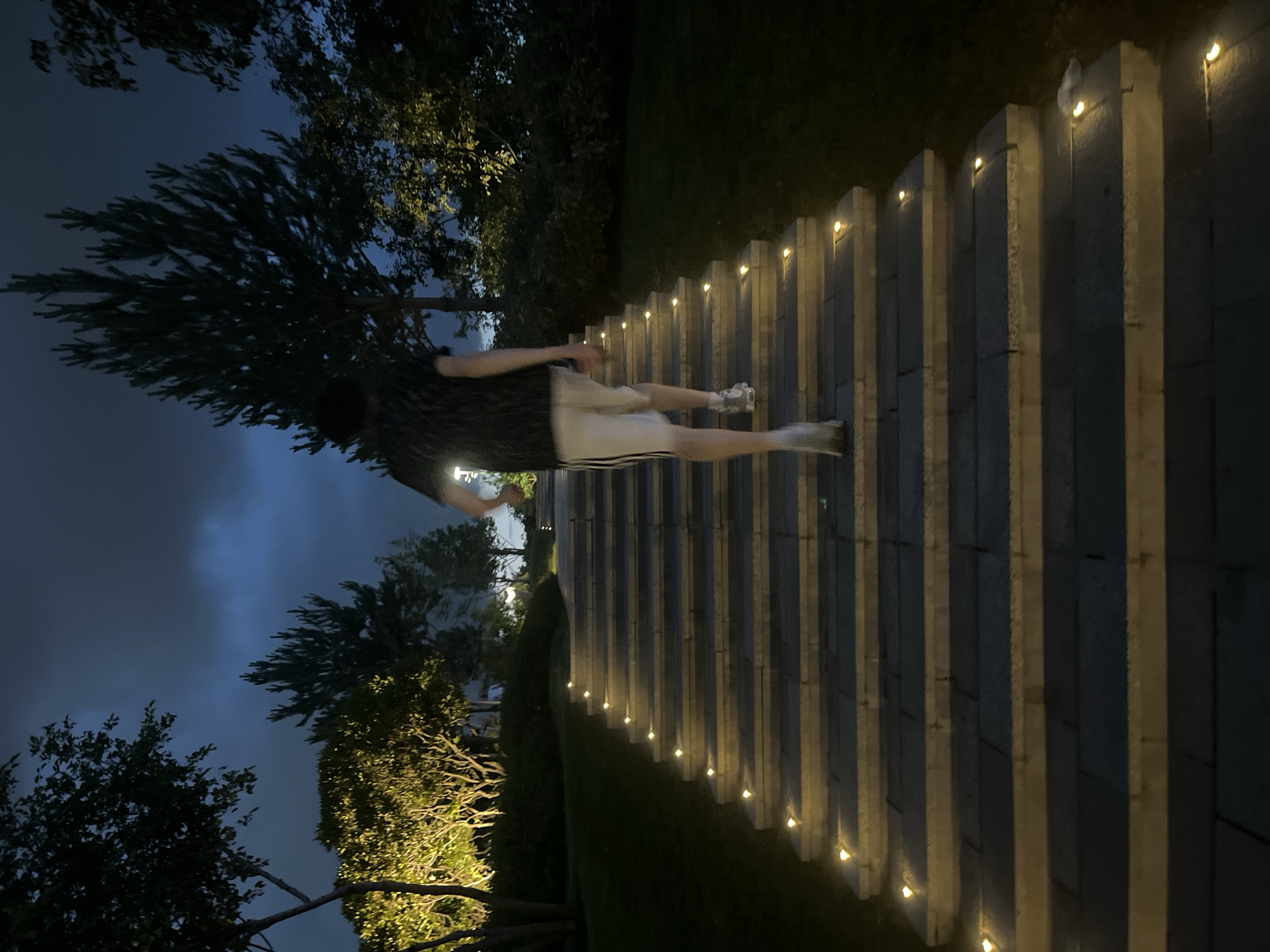 A person, viewed from behind, ascends a set of stone stairs illuminated by small, embedded lights. The person is wearing a dark, patterned t-shirt and white shorts with stripes on the side, along with light-colored sneakers. The stairs are surrounded by dark green grass and trees, with some trees on the left side of the frame being lit by warm, upward-facing spotlights, creating a striking contrast with the dimly lit sky and the overall dark environment. The sky is a deep blue-grey, suggesting it is dusk or night. The scene appears to be an outdoor public space, possibly a park or a pathway in a residential or recreational area. The overall atmosphere is serene and slightly mysterious due to the low light conditions and the focused illumination on the stairs. There is no indication of the specific location being in Krasnodar, Russia.