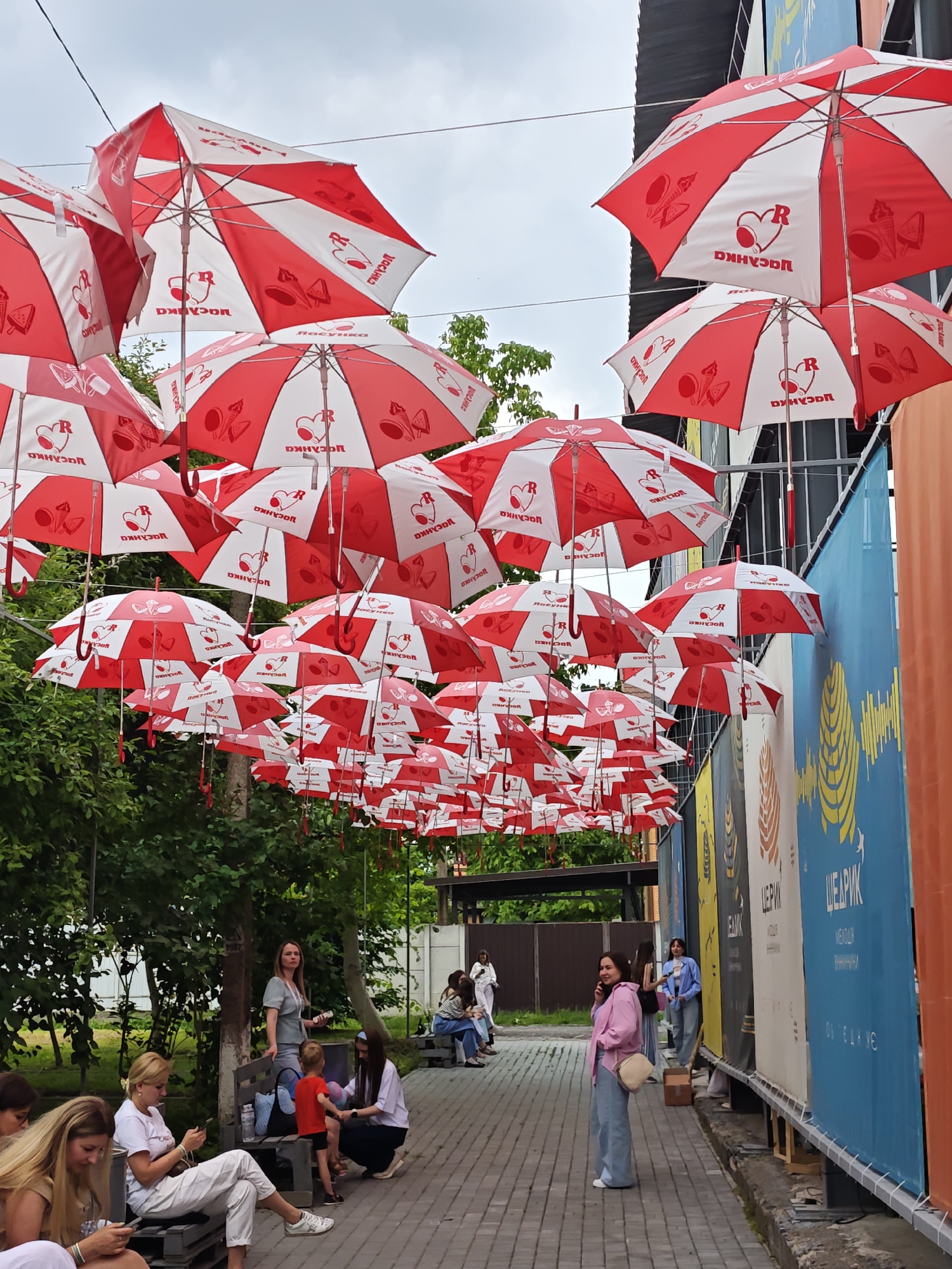 This image captures a vibrant outdoor scene in Vinnytsia, Ukraine, characterized by an overhead canopy of numerous red and white umbrellas forming a temporary art installation. The umbrellas are suspended by thin wires across a paved pedestrian area, each featuring the Cyrillic text "ПОСУДКА" (Posudka), a heart symbol containing an 'R', and stylized images of food items such as ice cream, cheese, and pastries.
On the left side of the scene, a row of mature green trees and bushes provides a natural backdrop. Several individuals are present, engaging in various activities. In the foreground on the left, two women with blonde hair are seated on low wooden benches made from repurposed pallets, both looking at their mobile phones. Further back, a woman in a light grey top stands, leaning against a tree trunk, holding an object. Adjacent to her, a small child in a red shirt and black shorts interacts with a woman in a white top and dark pants, who is crouched beside him.
The right side of the image features a dark building structure and a series of large vertical banners or murals. One prominent blue banner clearly displays the Cyrillic text "ВІННИЦЯ" (Vinnytsia) at the top, and "ЩЕДРИК" (Shchedryk) below a yellow wavy design, confirming the city. Other banners show various graphic designs and Cyrillic text such as "ЯРЛИК," "ЄДИНІ," and "МЕДІАТОР." Further to the right, a muted orange wall or panel is visible.
In the mid-ground on the right, a woman in a pink shirt and light blue wide-leg jeans stands on the paved surface, holding a phone to her ear and carrying a light-colored shoulder bag. In the background on the far right, additional individuals are seated on wooden pallet benches, suggesting a social gathering or relaxation area. The ground throughout the visible pedestrian zone is paved with dark grey interlocking pavers. The sky is overcast with a uniform light grey cloud cover.