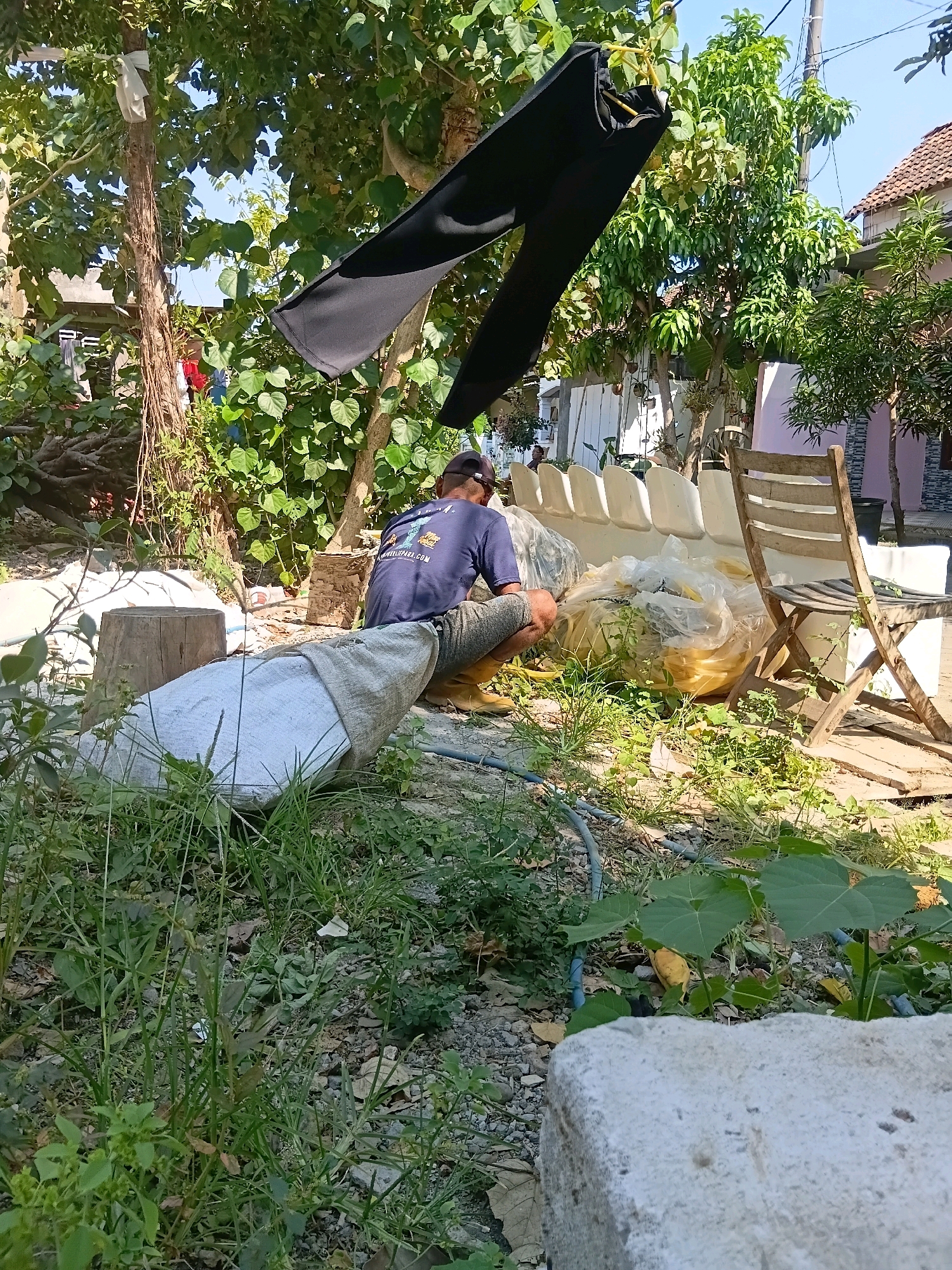 A man wearing a blue t-shirt and gray shorts crouches in a yard in Cikal, Indonesia, next to a large white object covered in a light gray tarp. His left leg is bent and his right leg is extended forward. A black pair of pants hangs from a tree branch above and to the left of the man. In the background, there is a wooden chair, a white bench, and various plants and trees. The ground is covered with gravel and dirt. A garden hose is visible on the ground. The scene is illuminated by sunlight.