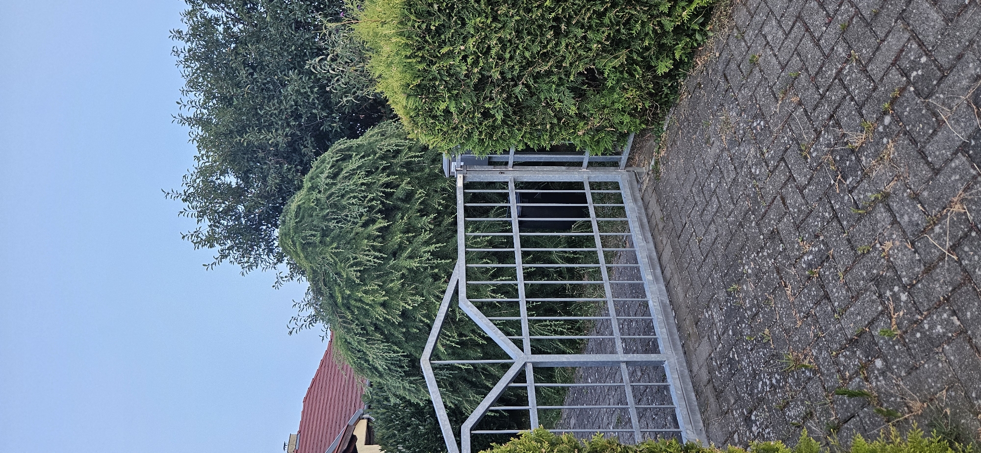 A metal gate, with vertical bars and a diamond-shaped reinforcement, stands open on a paved driveway. Beyond the gate, a large, weeping evergreen tree with drooping branches dominates the scene. To the right of the gate is a neatly trimmed, dense green hedge. In the background, a house with a red tile roof is partially visible, along with other trees and foliage. The sky is a pale, clear blue. The location is identified as Hévíz, Hungary.