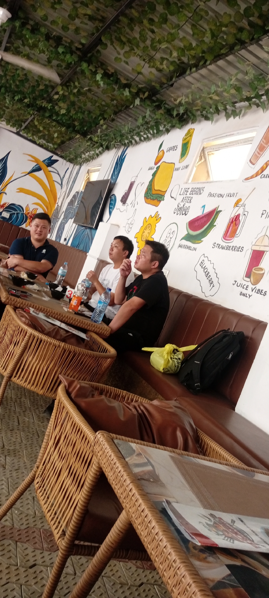Three adult men are seated at a table in what appears to be a vibrant cafe or juice bar in Sabon Gari East, Nigeria. The men are casually dressed; one on the left wears a navy polo shirt, the middle man a white t-shirt, and the one on the right a black t-shirt. They are positioned along a brown faux-leather bench, with wicker-style chairs and tables in the foreground. On their table are water bottles, a soft drink, and small bowls.
The setting is characterized by its lively decor: the ceiling is covered with artificial green foliage, creating an indoor garden aesthetic. The white walls are adorned with colorful, hand-drawn murals depicting various fruits and juice-related illustrations. Visible text on the murals includes "MANGO," "GRAPES," "MINT LEAF," "LIFE BEGINS AFTER JUICE," "PASSION FRUIT," "WATERMELON," "STRAWBERRIES," "BLACKBERRY," and "JUICE VIBES ONLY." A number "3" is also visible on the table.
The men appear to be engaged in conversation or casually observing their surroundings. A black backpack and a yellow plastic bag rest on the bench beside the man in the black t-shirt. The natural light entering through high windows suggests it is daytime. The overall atmosphere appears relaxed and social.