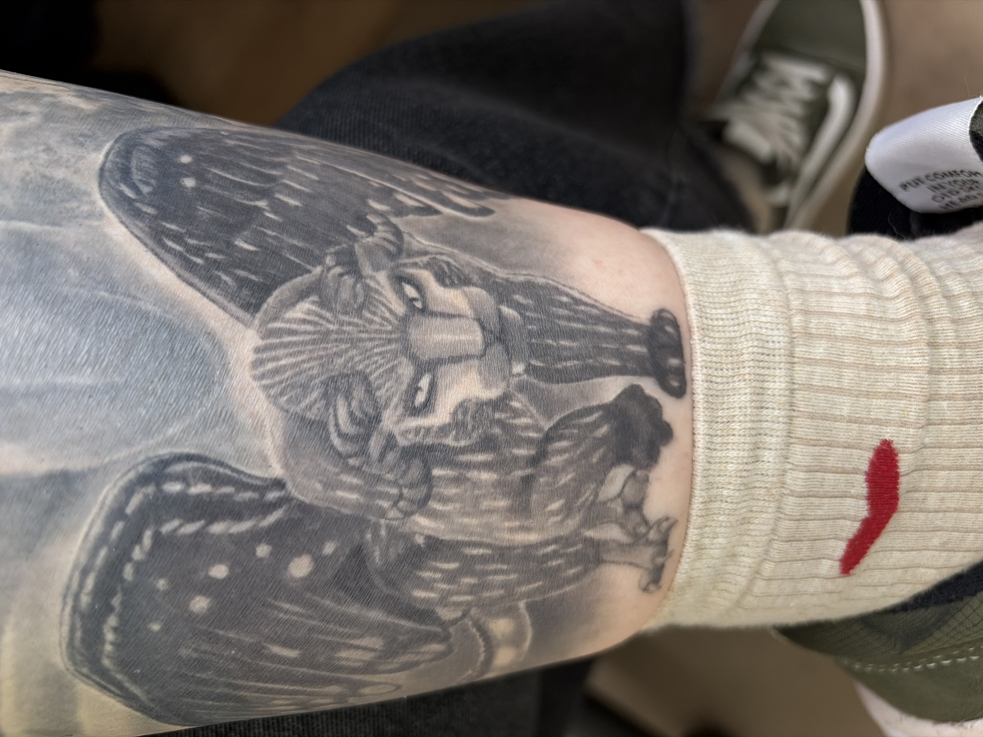 A close-up, high-angle shot captures a person's tattooed limb, likely an arm or leg, in what appears to be an indoor or vehicle setting in Chaikovsky, Russia. The primary subject is a large, detailed black and grey tattoo of a bird, possibly an owl or hawk, with its wings spread wide. The bird's head is visible, looking towards the viewer, with intricate feather details covering its body and wings.
The person is wearing a light-colored, ribbed sock, possibly beige or off-white, on the lower part of the limb. A distinct red embroidered mark, shaped like a curved line or a checkmark, is visible on the side of the sock. A white clothing tag is partially visible near the top edge of the sock, displaying fragmented text that begins with "PUT COMFORT IN YOUR OLD MO..." or "OLD HEA...".
In the blurred background, dark fabric, likely trousers or jeans, is visible. Further back, an out-of-focus shoe, resembling a sneaker with white laces and a light-colored sole (possibly olive green or khaki), can be seen. The lighting is soft and ambient, providing no specific time of day cues. There are no visible faces or overt emotional expressions.