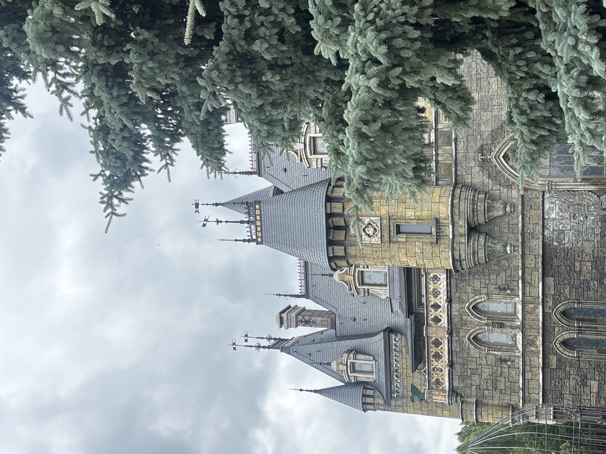 This is a medium-shot, vertical, eye-level photograph of the "Fairy Tale Castle," also known as the Vorontsov Palace, in Khryashchevka, Russia, on an overcast day. A large, mature coniferous tree, likely a blue spruce, dominates the right side of the frame, its branches obscuring a significant portion of the castle's facade and roof. The castle itself is constructed of weathered stone with elaborate architectural details. It features multiple conical turrets topped with weather vanes, steeply pitched grey slate roofs, decorative chimneys, and Gothic-style arched windows with stained glass. A balcony with ornate railings runs across the upper part of the visible section of the castle. Stone gargoyles and other decorative elements are visible on the exterior. The sky is heavily clouded, creating a diffused, muted light. No people are visible in the image. The foreground is occupied by the large tree and a portion of a wrought-iron fence or cage-like structure on the left.