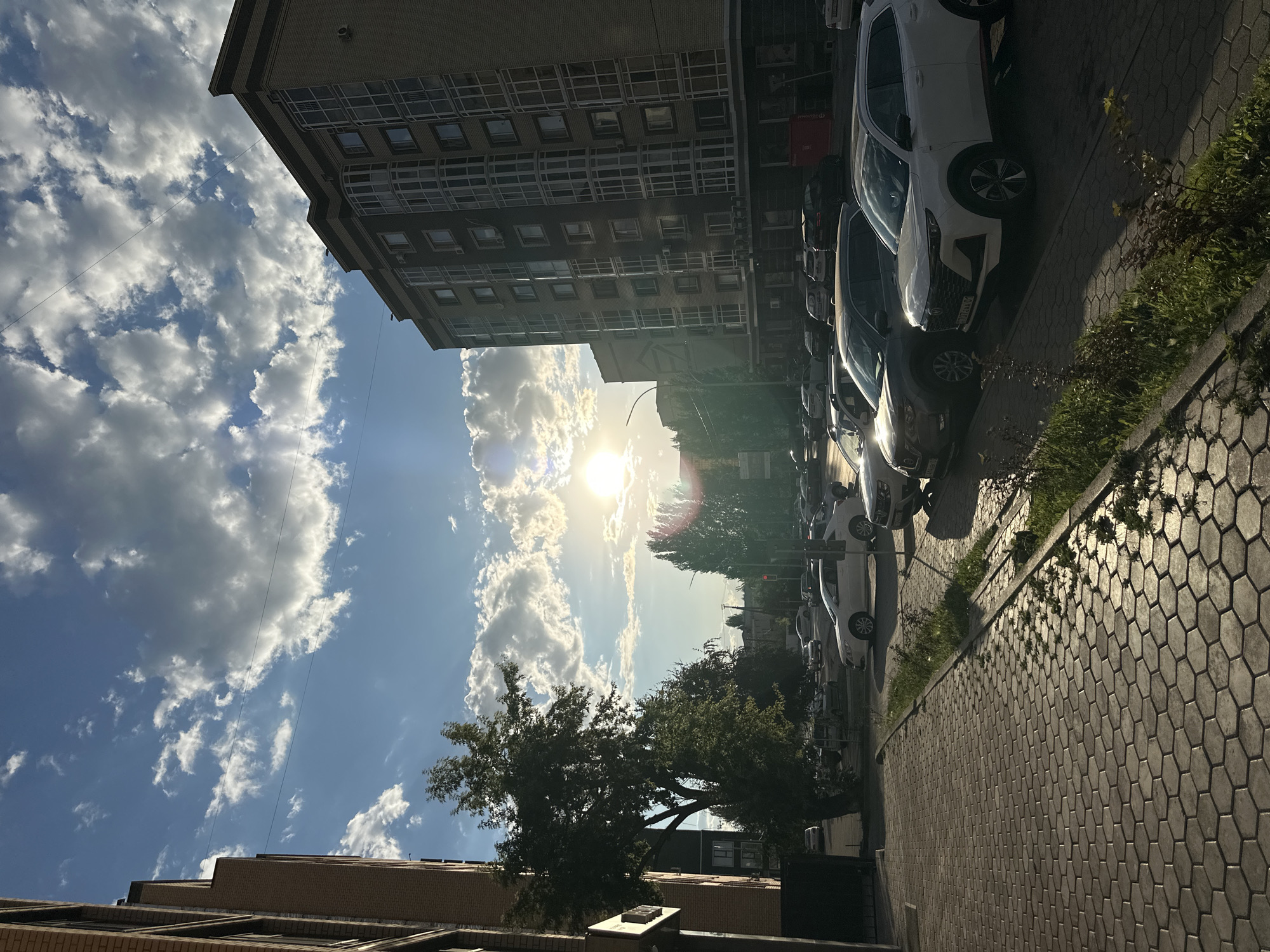 This is a medium-shot, eye-level, outdoor photograph taken during the day in a city, likely in Kokshetau, Kazakhstan. The scene captures a residential street with parked cars and buildings under a partially cloudy sky.
In the foreground, a patterned hexagonal brick sidewalk runs along the left and bottom of the frame. Adjacent to the sidewalk is a strip of grass and weeds. A large, mature tree with dense green foliage stands on the left side of the image, casting a shadow.
The middle ground is occupied by a row of parked cars, including white, dark gray, and black vehicles. They are positioned along the curb of a paved street. Beyond the cars, more trees and smaller buildings are visible.
Two multi-story apartment buildings dominate the background. The building on the right is a light brown brick structure with multiple floors, featuring numerous windows, some of which are bay windows. The building on the left is also brick and appears to be part of a residential complex.
The sky is bright blue with scattered white cumulus clouds. The sun is visible in the upper right quadrant, partially obscured by clouds, casting a warm glow and creating lens flare. The lighting suggests it is late afternoon or early evening. The overall atmosphere is calm and urban. There are no people or animals visible in the frame.