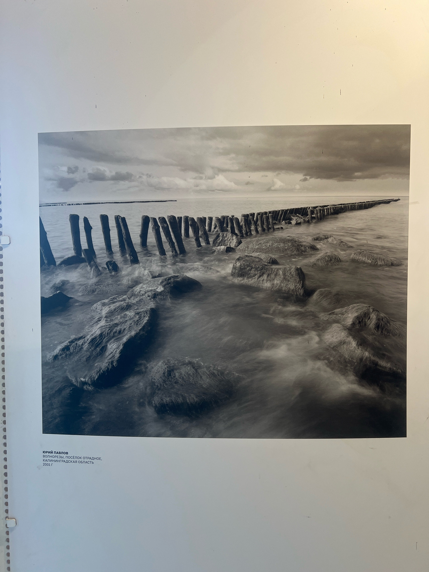 The black and white photograph depicts a seascape with a long line of wooden breakwaters extending into the water. In the foreground, large, dark rocks are partially submerged in the choppy water, with streaks of light suggesting motion blur from the waves. The sky is overcast with dramatic clouds. The text below the image identifies the artwork as "ВОЛНОРЕЗЫ, ПОСЁЛОК ОТРАДНОЕ, КАЛИНИНГРАДСКАЯ ОБЛАСТЬ 2001 Г" by "ЮРИЙ ПАВЛОВ". This translates to "Breakwaters, Otradnoye Settlement, Kaliningrad Oblast 2001" by "YURIY PAVLOV". Otradnoye is a settlement located in the Kaliningrad Oblast, which is an exclave of Russia.