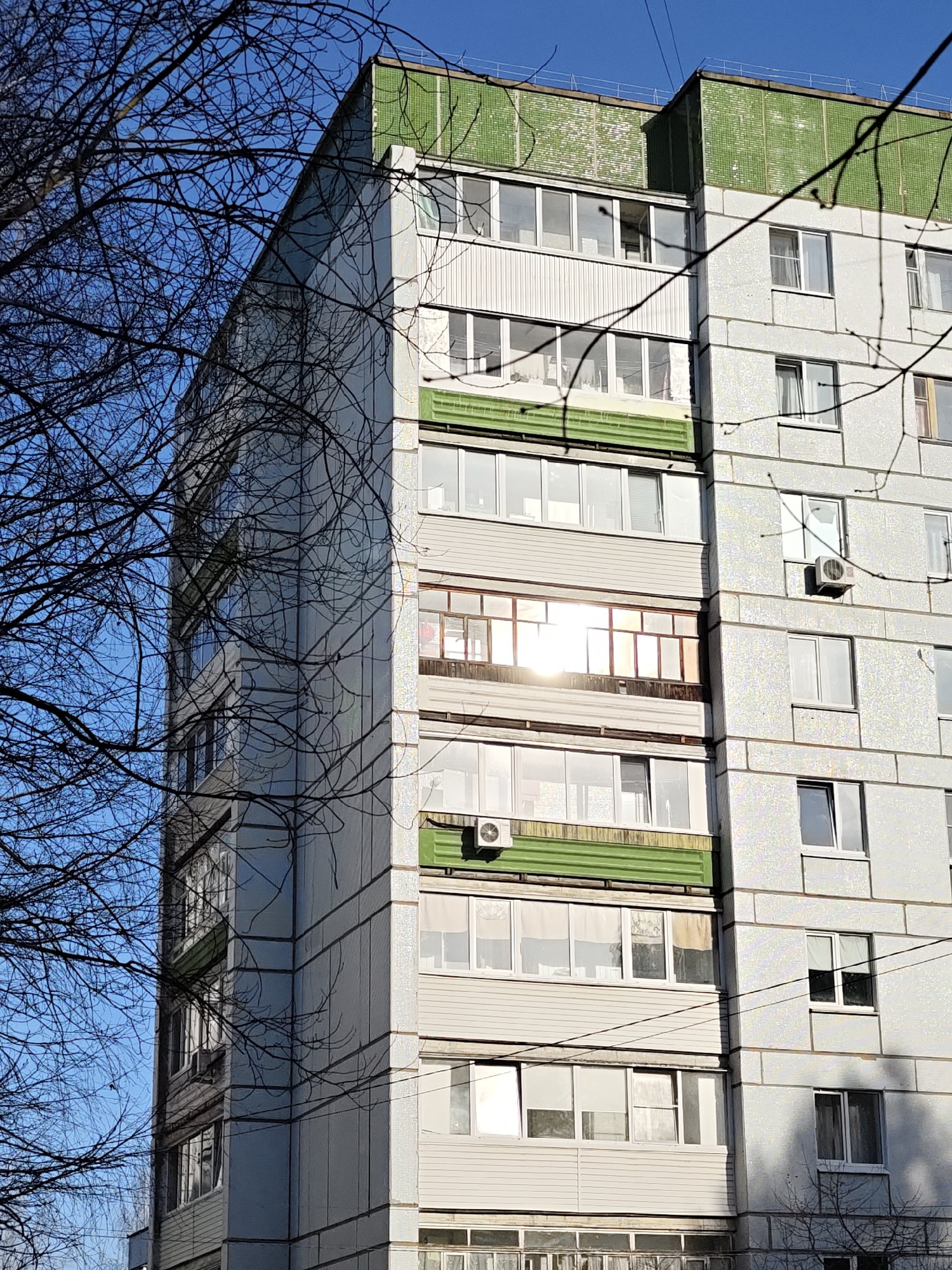 A multi-story apartment building, likely in Chaikovsky, Russia, is shown under a bright, clear sky. The building is constructed of concrete panels and has a green tiled roof. Some balconies are enclosed, and others have open railings. The building's windows reflect sunlight. Bare tree branches obscure part of the left side of the building and the sky. Power lines are visible against the building's facade.