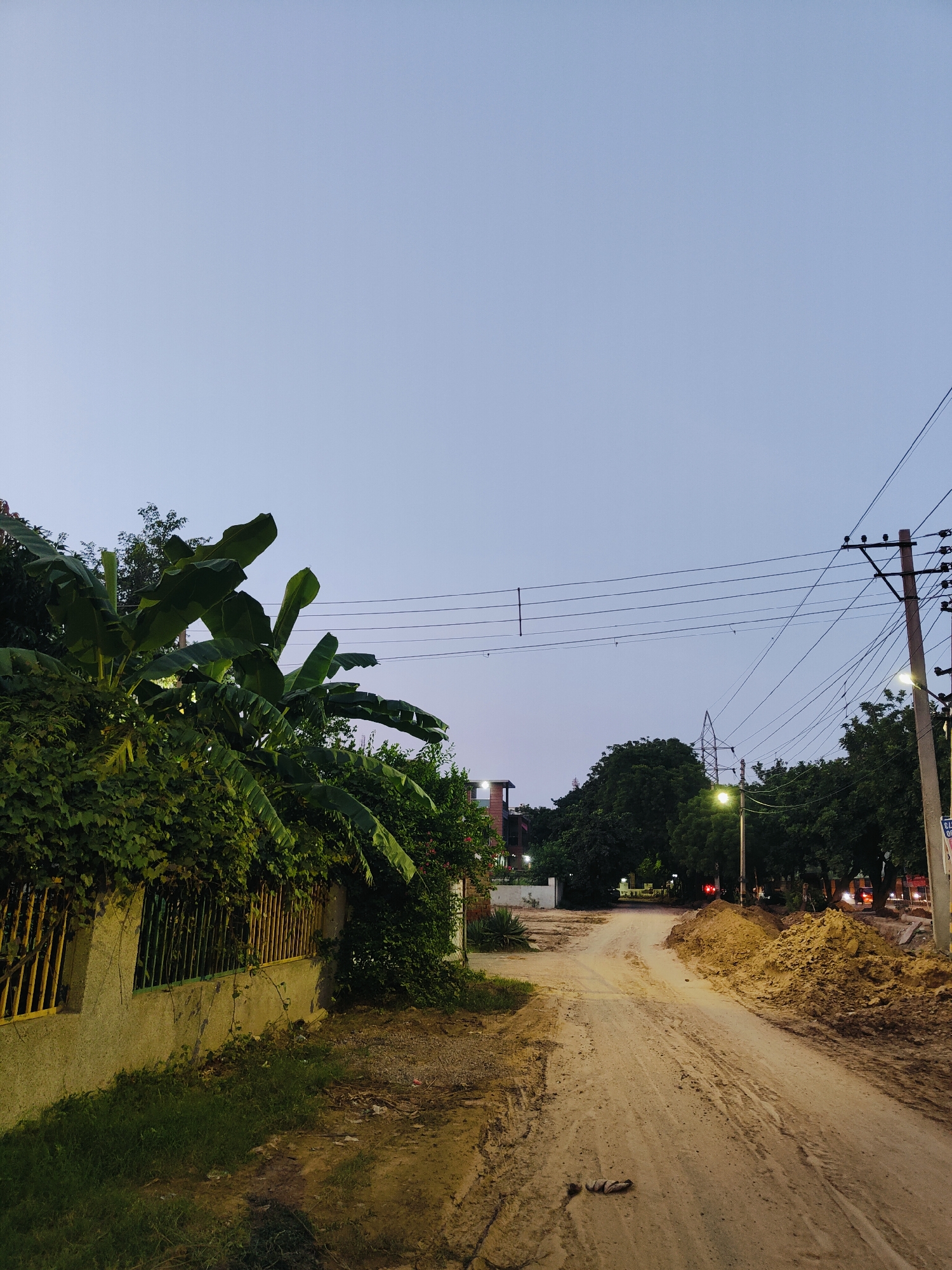 The image depicts a dirt road in Gurgaon, India, at dusk. A low-lying wall covered in lush green foliage, including large banana leaves, runs along the left side of the road. A yellow metal fence is partially visible behind the vegetation. The road itself is unpaved and appears to be under construction or in disrepair, with visible tire tracks and patches of mud. To the right of the road, a large pile of sand or dirt has been deposited. Tall trees line the right side of the road in the midground, and beyond them, buildings and more trees are visible. Utility poles with electrical wires stretch across the upper portion of the image, with streetlights illuminating the scene. The sky is a pale, clear blue, indicating the transition from day to night. There are no people or animals visible in the frame.