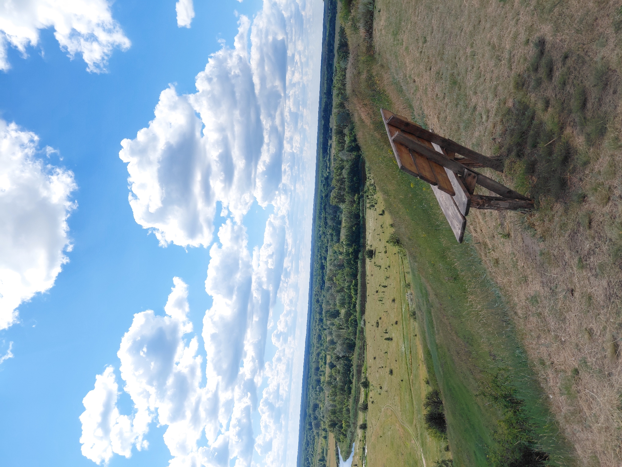 This is a vertical, eye-level, wide shot of a wooden bench situated on a grassy hill overlooking a rural landscape. The bench, made of rough-hewn wood, faces away from the viewer, with its backrest angled slightly upwards. It is positioned on a dry, grassy slope covered with patches of green vegetation and scattered dry grass.
Below the hill, a winding river meanders through a vast expanse of green fields and dense forests. The horizon is marked by a distant line of trees under a bright blue sky dotted with fluffy white clouds. The scene suggests a natural, undeveloped area, typical of the Ukrainian countryside near Ustyvytsia. There are no people or animals visible in the image. The lighting is bright, indicating it was taken during the day, likely on a clear, sunny afternoon.