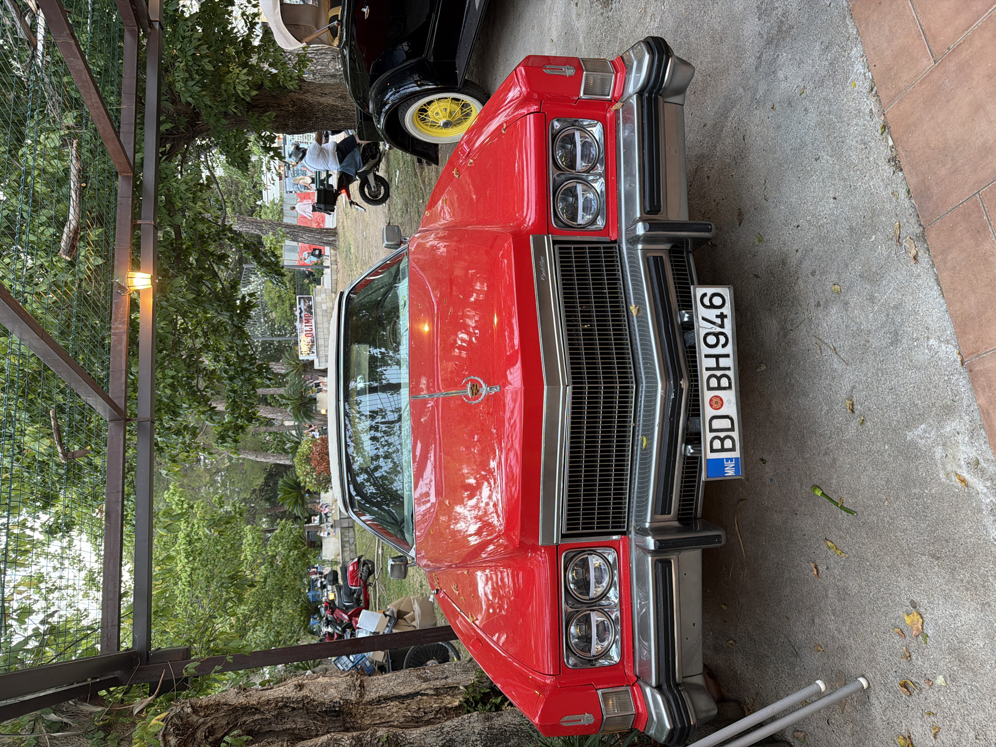 This image captures an outdoor scene in Budva, Montenegro, featuring classic cars and a gathering of people amidst lush greenery.
In the foreground, a prominent red classic American car, identifiable as a Cadillac by its hood emblem, is parked. The car features a large chrome grille, stacked circular headlights, and a shiny chrome bumper. Its front license plate, "BD BH946," clearly displays "MNE" for Montenegro, confirming the location. Scattered leaves rest on its hood. To the left and slightly behind the red car, a portion of a black classic car with a distinctive yellow spoked wheel is visible.
The ground consists of both concrete and reddish-brown tiled pavement. A dark metal frame structure with a wire mesh and an illuminated light fixture occupies the left side of the frame. Beyond this structure and the cars, a dense canopy of green trees and foliage fills the background.
Several people are visible in the mid-ground and background, suggesting a casual gathering or event. One person in a white shirt stands near a black motorcycle or scooter. Other individuals are seen further back, some seated, others standing, implying an informal social setting or outdoor cafe area. Additional scooters or motorcycles are parked in the distance, alongside some cardboard boxes. The lighting appears soft, possibly indicating late afternoon or early evening. A partial sign with the text "OLIMP" is faintly visible in the far background.