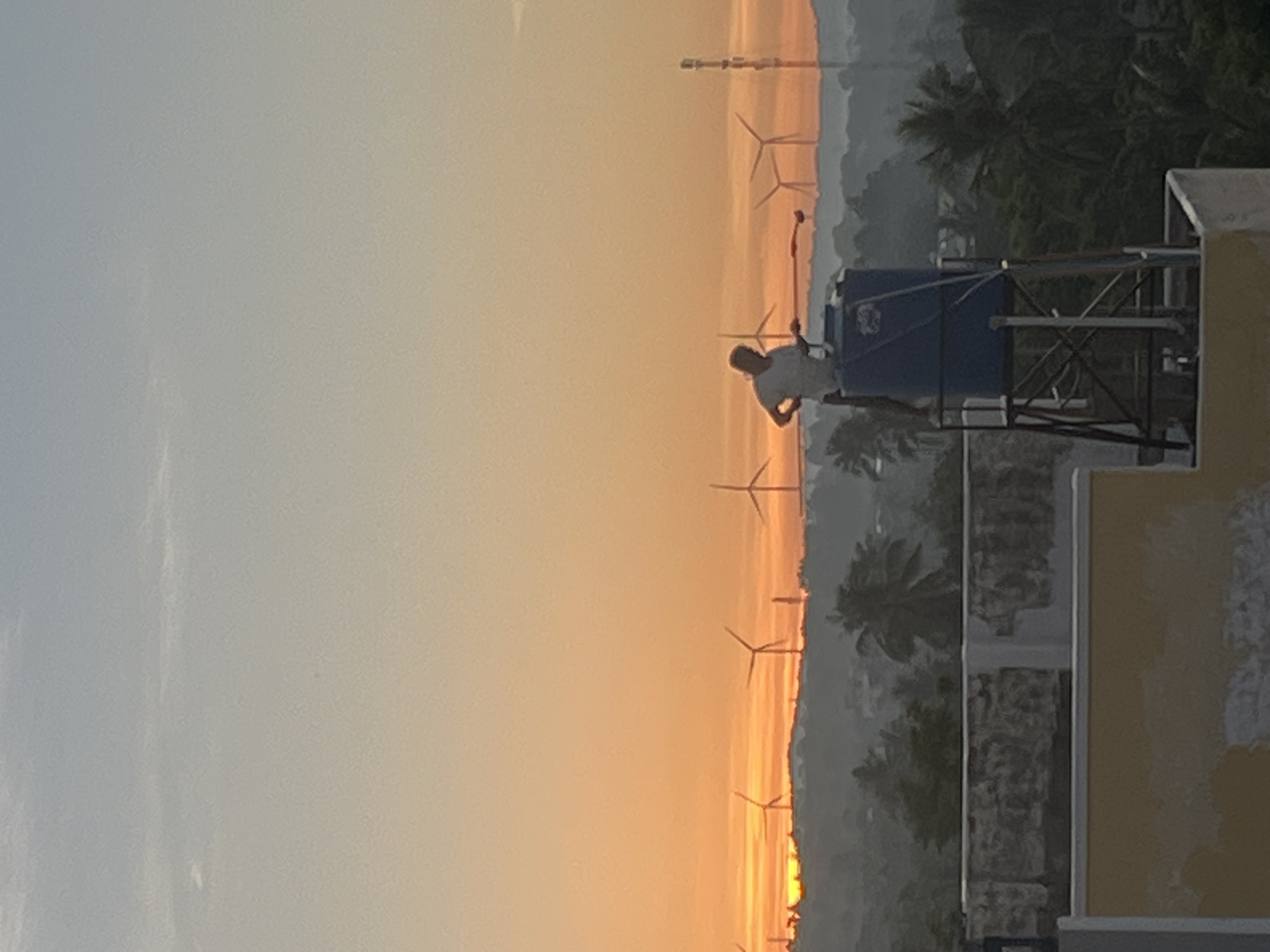 The image captures a dawn scene in Mũi Né, Vietnam, with a person standing atop a water tank on a rooftop, holding a broom or cleaning tool. The sky exhibits a gradient of soft blues and oranges, indicative of sunrise, with the sun's glow visible on the horizon. In the background, several wind turbines are silhouetted against the sky, suggesting their presence on the landscape. The immediate foreground features the top of a building with a textured facade. The middle ground reveals a dense collection of trees, likely palm trees, interspersed with other vegetation, creating a tropical atmosphere. The overall impression is one of a quiet morning in a coastal town, with the blend of natural and industrial elements contributing to the visual narrative.