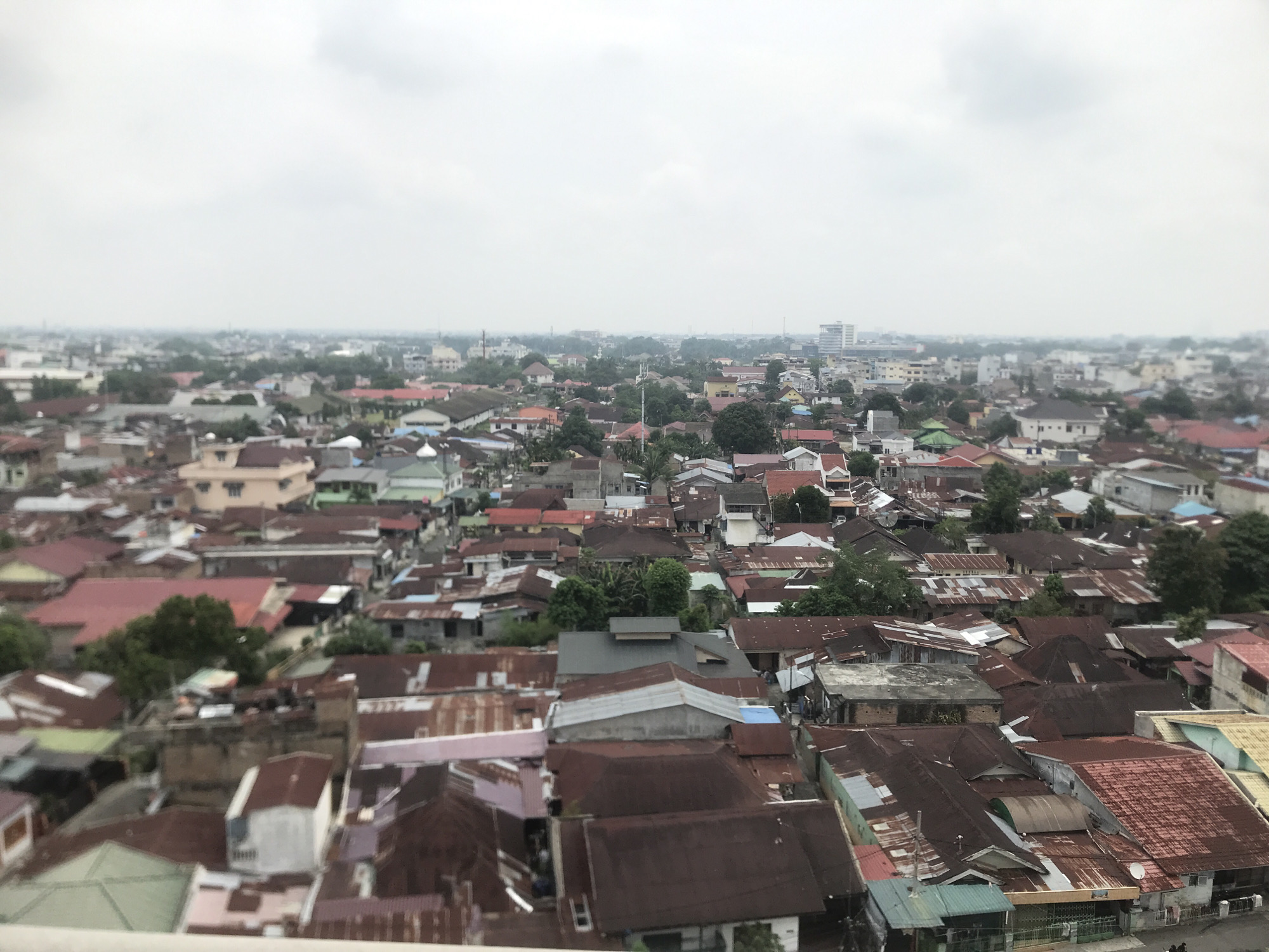 This aerial shot, taken in Medan, Indonesia, presents a dense cityscape under an overcast sky. The scene is dominated by rows of tightly packed residential buildings, primarily one- and two-story structures. Roofs are a mix of materials and colors, ranging from red clay tiles to corrugated metal sheets, with varying degrees of rust and weathering. The buildings are densely clustered, leaving little space between them. Interspersed among the buildings are occasional trees, providing small patches of green. In the distance, taller buildings can be seen, suggesting a more urbanized area. The horizon is obscured by the haze. No people are clearly visible in the image.