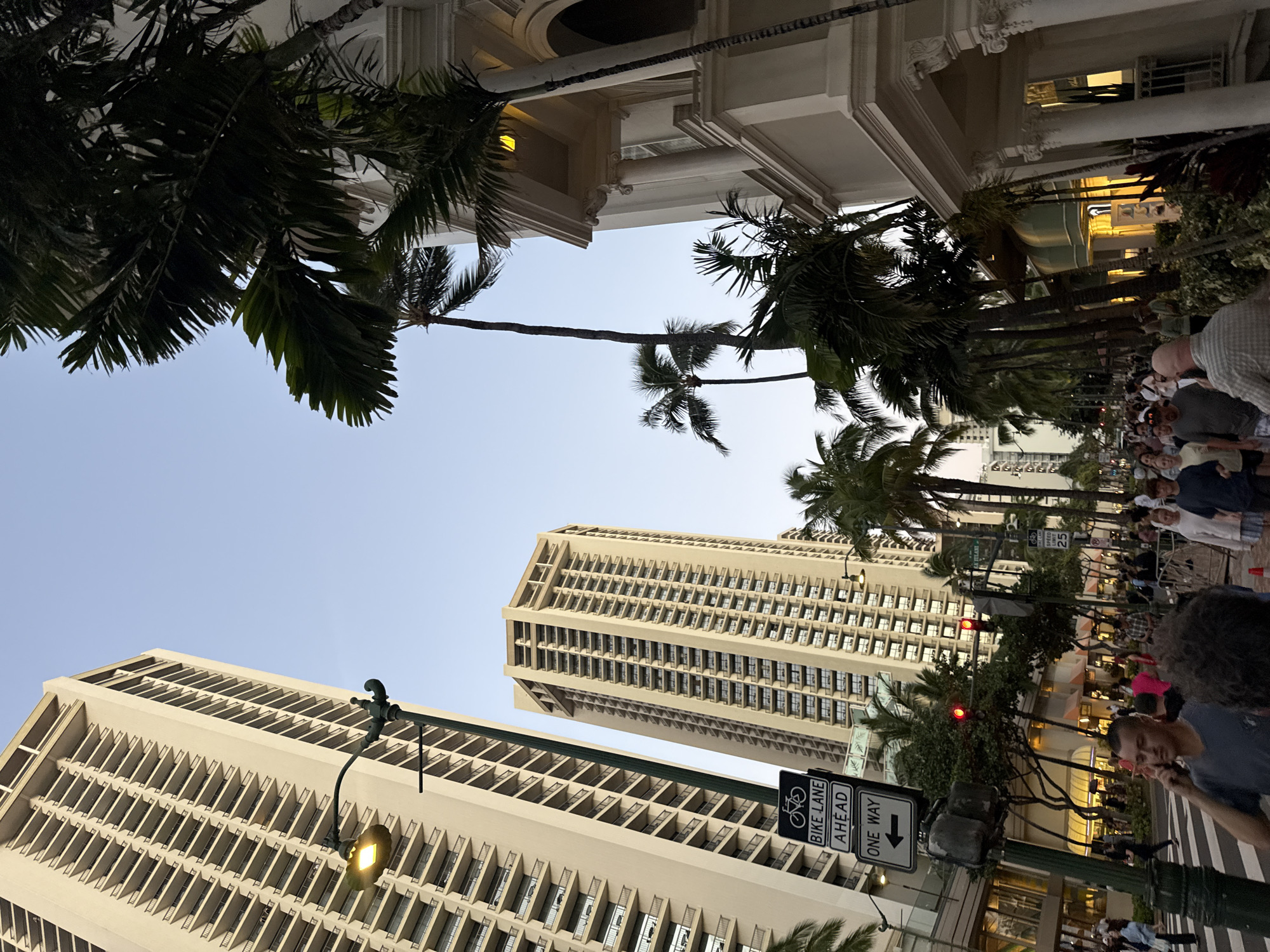 The image, rotated counterclockwise, depicts a street scene in Honolulu, USA. Two tall buildings with repetitive architectural designs dominate the view, framed by palm trees and a blue sky. A street sign indicates a bike lane ahead and a one-way street. A crowd of people is visible on the right side of the image.