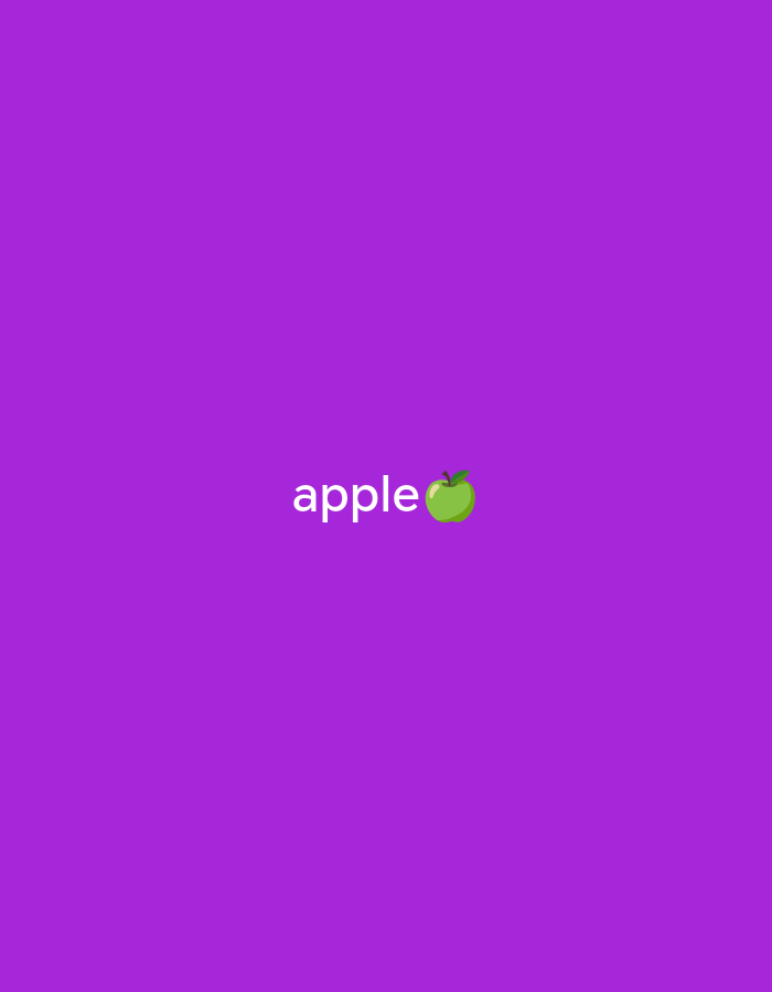 The image is a simple, minimalist design with a vibrant purple background. Centered on the background is the word "apple" in white, lowercase text. To the right of the word, there is a green apple emoji. The image does not contain any elements that would suggest a location in Bataysk, Russia, or any other specific city.
