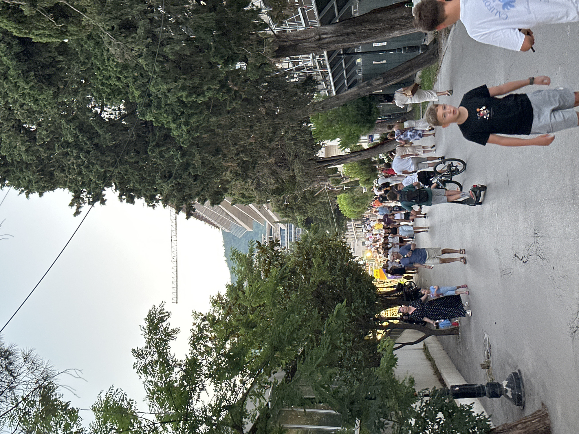 The image depicts a pedestrian promenade in Budva, Montenegro, lined with tall cypress trees on the right and buildings and trees on the left. A crowd of people is walking along the promenade, with some individuals riding scooters and bicycles. In the background, a crane is visible, suggesting ongoing construction. The sky is overcast.
Specifically, the scene appears to be on a street that is either part of or adjacent to the pedestrian zone leading towards the Old Town, as indicated by the presence of numerous tourists and the typical Mediterranean architecture suggested by the buildings. The promenade is paved with asphalt and shows some signs of wear. The trees are mature and provide shade. The people are dressed in casual summer clothing, indicating a warm day. The overall atmosphere suggests a lively, public gathering space during daylight hours.
Detailed observations:
- **Location:** Budva, Montenegro. The characteristic architecture, abundant cypress trees, and the general ambiance strongly suggest this location. The promenade setting is typical of Budva's coastal areas.
- **People:** A diverse group of people of various ages are present, including families with children, couples, and individuals. They are engaged in walking, cycling, and riding scooters.
- **Objects:** Trees (cypress, deciduous), buildings, a crane, a scooter, a bicycle, streetlights, an ATM machine, bags carried by pedestrians.
- **Actions:** Walking, riding, standing, observing.
- **Environment:** Paved promenade, trees, buildings, overcast sky, a distant hillside with buildings.
The image captures a moment of everyday life in a popular tourist destination, highlighting the pedestrian-friendly nature of the area and the mixture of natural and urban elements. The presence of the crane suggests development or renovation within the city.