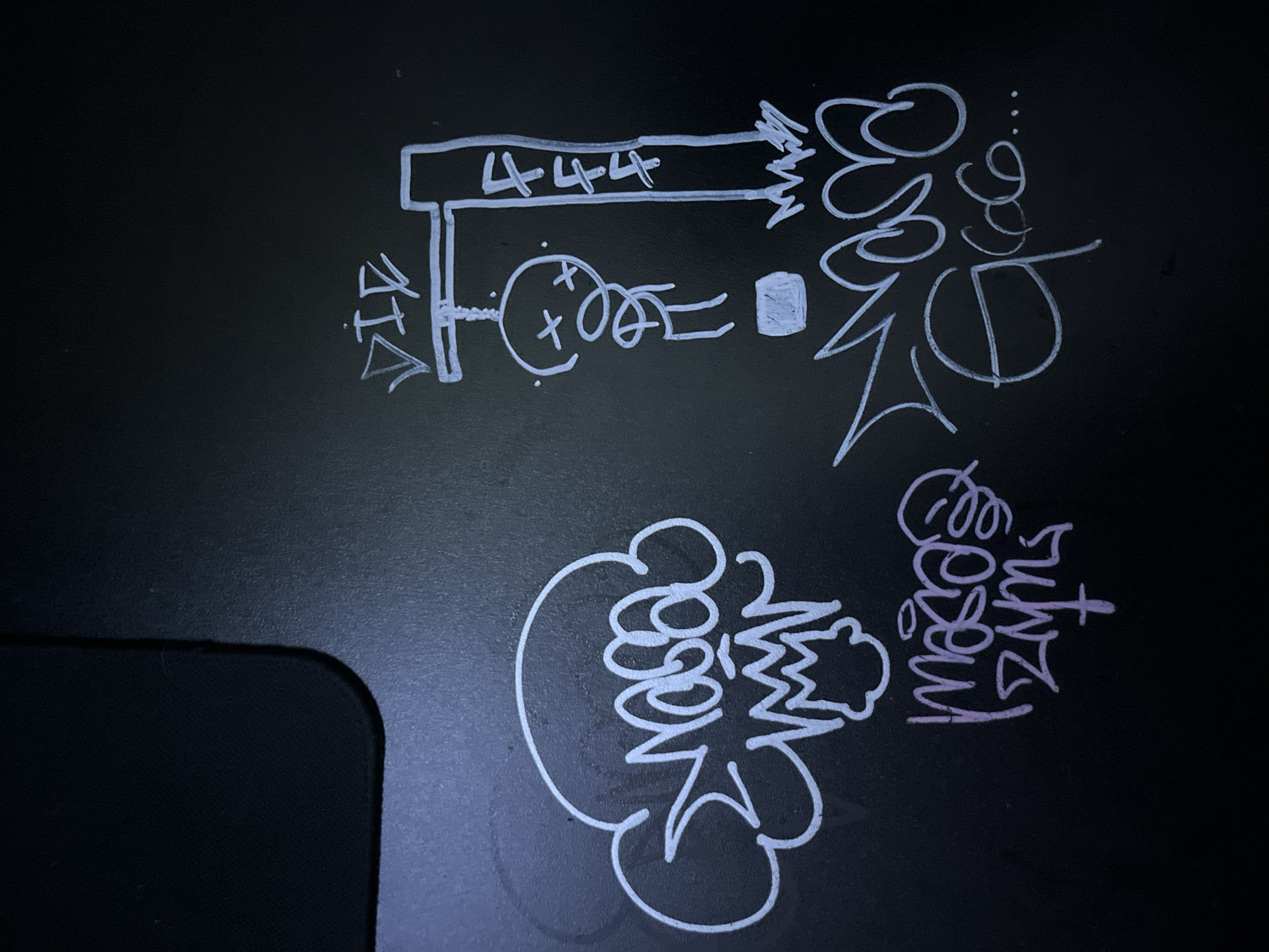 The image shows several pieces of white and purple chalk graffiti on a dark, textured surface, possibly a wall or table. The graffiti includes stylized lettering and drawings.
On the left side, a white drawing resembles a cloud or explosion shape with a face inside, featuring large eyes and a jagged mouth. Below this, in purple chalk, is another stylized signature or tag.
On the right side, a white drawing depicts a gallows with a figure hanging from it. The figure has "X"s for eyes and a coiled spring body. Above the gallows, the word "DIE" is written in white chalk. A vertical post of the gallows has the number "4" written multiple times. Below the hanging figure, there is a small square object. Further down, another white chalk drawing resembles a speech bubble with stylized lettering, including "Mama" and "qc6...".