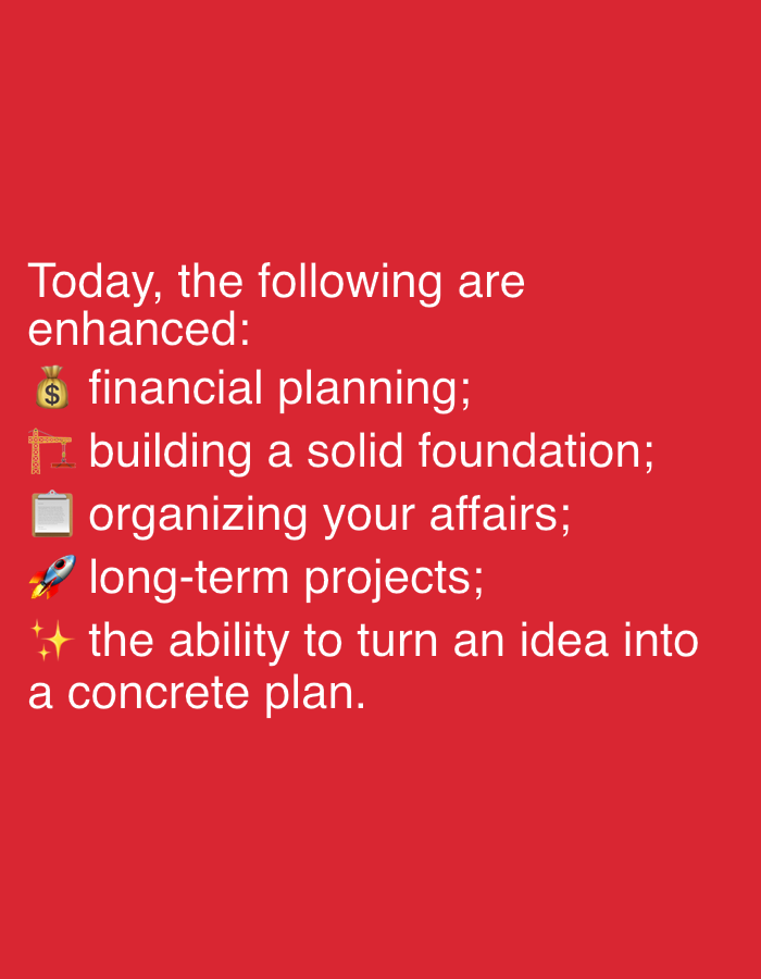 The image contains text on a red background. The text is white and lists several items that are "enhanced." The items are:
* Financial planning
* Building a solid foundation
* Organizing your affairs
* Long-term projects
* The ability to turn an idea into a concrete plan
There are emojis next to each listed item: a money bag, a construction crane, a clipboard, a rocket, and sparkling stars. There is no discernible location in Dubai or the UAE depicted in the image.