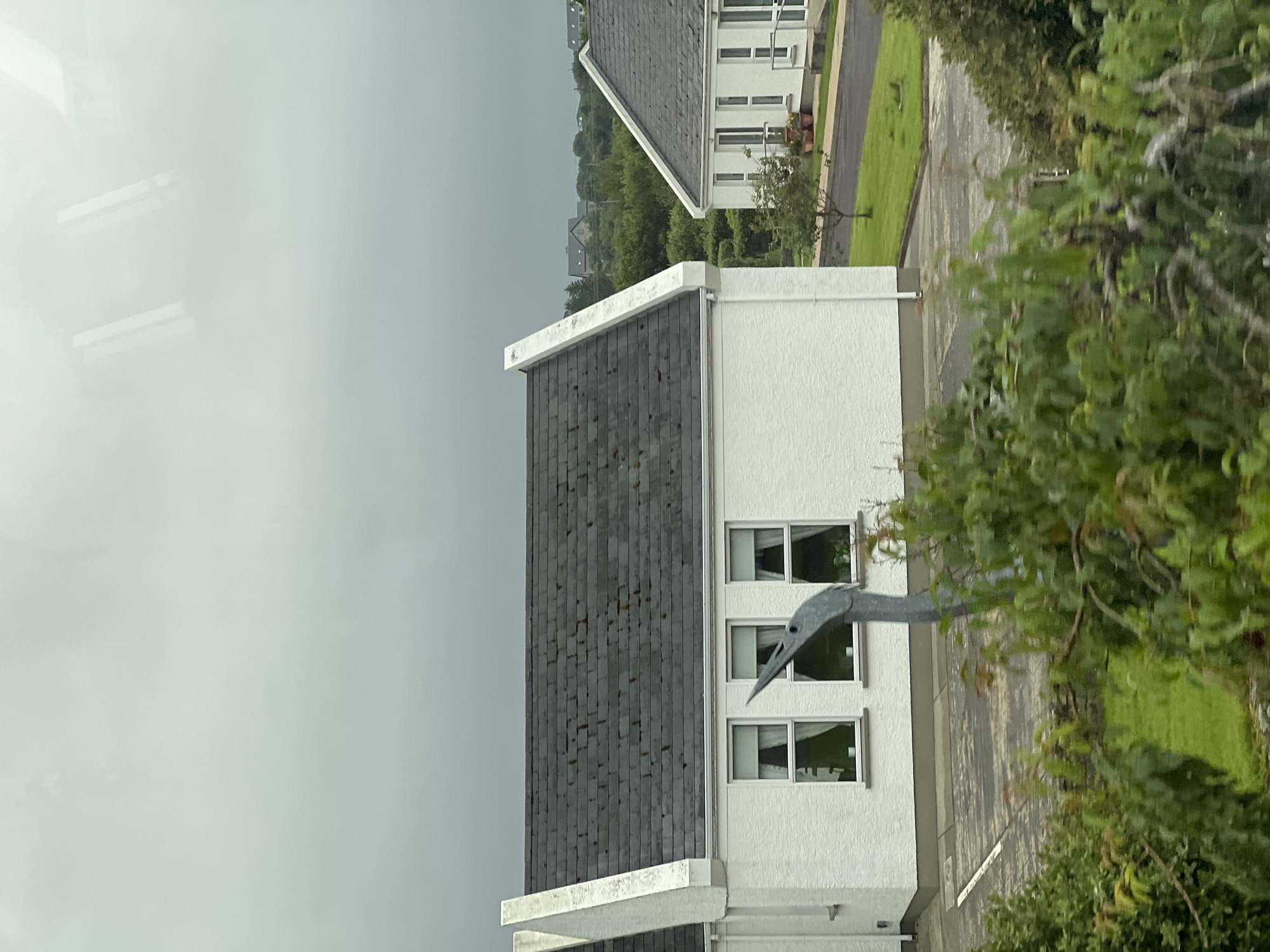 The image depicts a residential area on an overcast day in Derrybeg, Ireland. In the foreground, dense green foliage obscures the lower portion of the scene. A distinctive grey metal sculpture, appearing to be a bird or crane, stands partially visible in front of a white building with a dark, slate-tiled roof. This building has three evenly spaced windows, each covered by white curtains. To the right, another similar white building is visible, also with a dark tiled roof and multiple windows, some of which have potted plants outside. The buildings are situated on a paved surface, possibly a driveway or parking area, with a strip of green grass adjacent. In the background, a lush, green, hilly landscape is dotted with more houses and trees, disappearing into a hazy, grey sky. The overall atmosphere is one of a quiet, suburban or semi-rural setting.