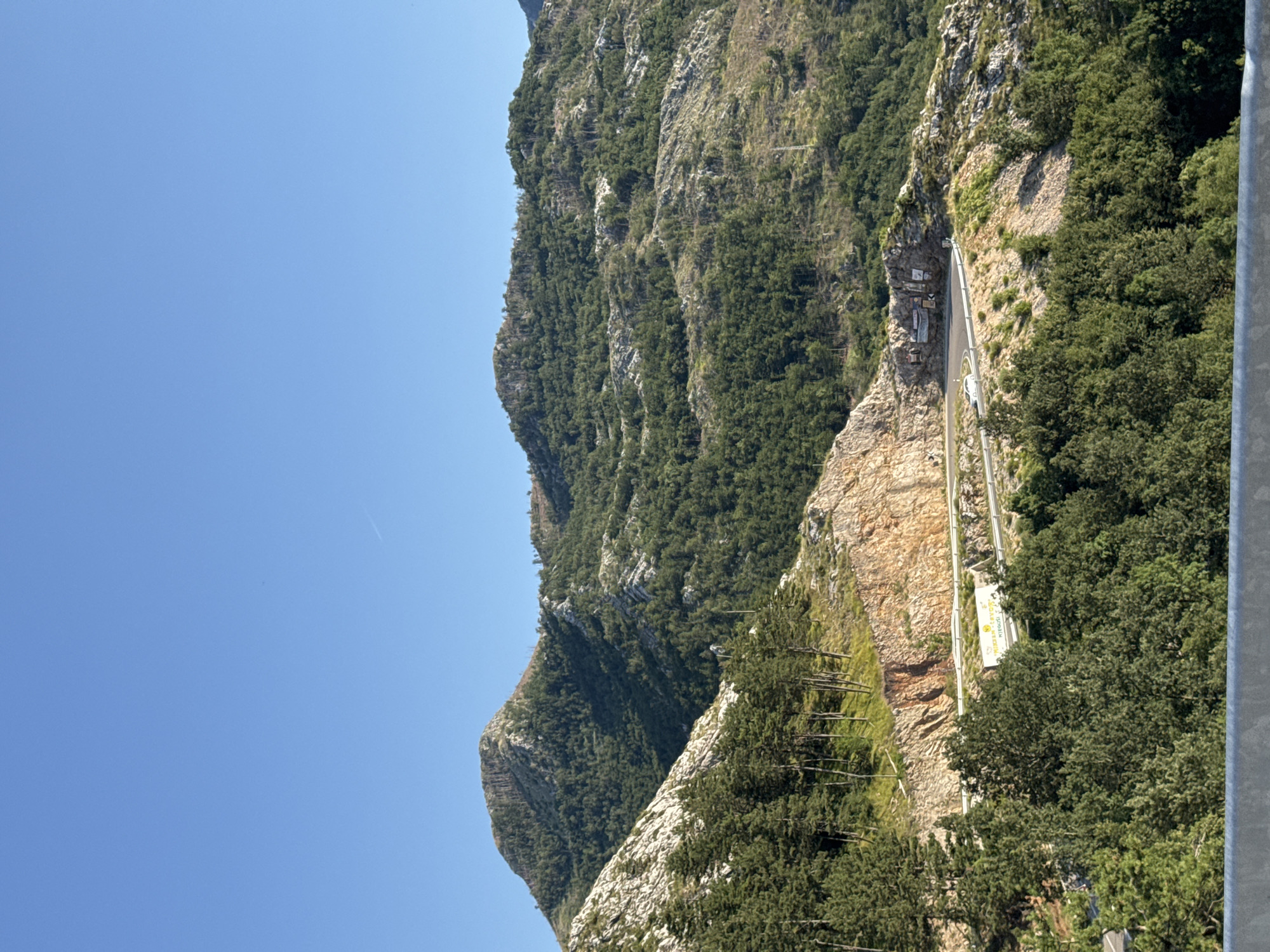 The image depicts a panoramic view of a mountainous landscape with a clear blue sky. In the foreground, dense green trees are visible, bordering a road that winds through the mountainside. The road has white guardrails and a few vehicles, including a white car and a white truck with yellow markings, can be seen. The mountains are covered in a mix of rocky terrain and lush green vegetation, with some sparsely forested areas higher up. The geology of the mountains suggests layered rock formations. The scene appears to be captured on a sunny day. The location is identified as Bukovica, Montenegro, a region known for its rugged natural beauty and winding roads that traverse the mountainous terrain.