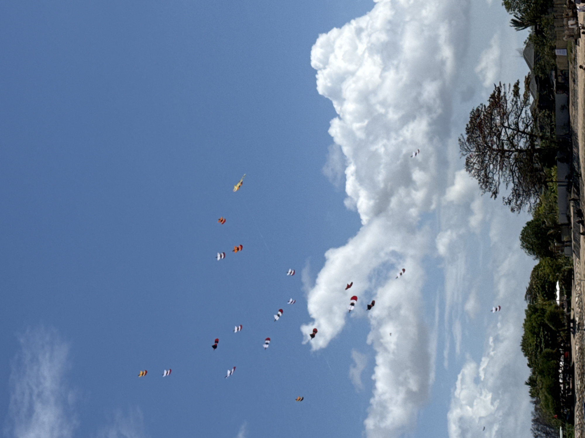 The image depicts a bright, sunny day with a clear blue sky dotted with fluffy white clouds. Numerous kites of various colors, including red, white, yellow, and orange, are flying against the sky. The kites appear to be of traditional Indonesian designs, some with tails. In the background, there is a shoreline with lush green trees and vegetation. Several small structures, possibly buildings or beach umbrellas, are visible amongst the trees. The lower portion of the image shows a beach with a few people scattered along the shore. The scene suggests a kite festival or a recreational day at the beach. This scene is consistent with locations like Kuta Beach or Sanur Beach in Denpasar, Indonesia, known for kite flying activities.