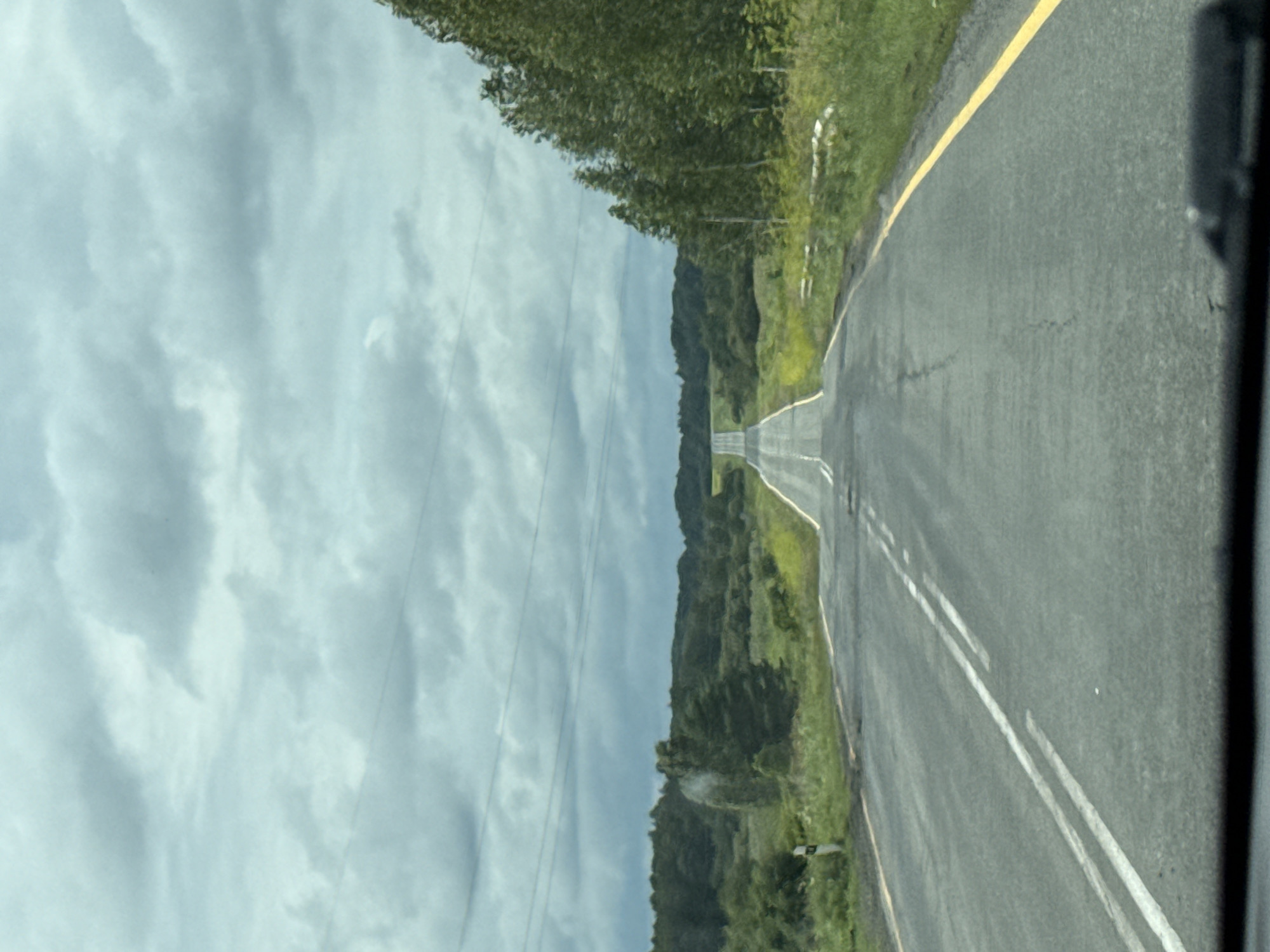 A road stretches into the distance under a cloudy sky. On the left side of the road, a white post with a black stripe is visible. Further in the distance, a plume of smoke or mist rises from behind a cluster of trees. The right side of the road is lined with a dense forest. The road has a yellow line on the right edge and double white lines in the center. The image appears to be taken from inside a vehicle, with a portion of the car's dashboard visible at the bottom. The environment is rural, with vegetation and trees dominating the landscape.
