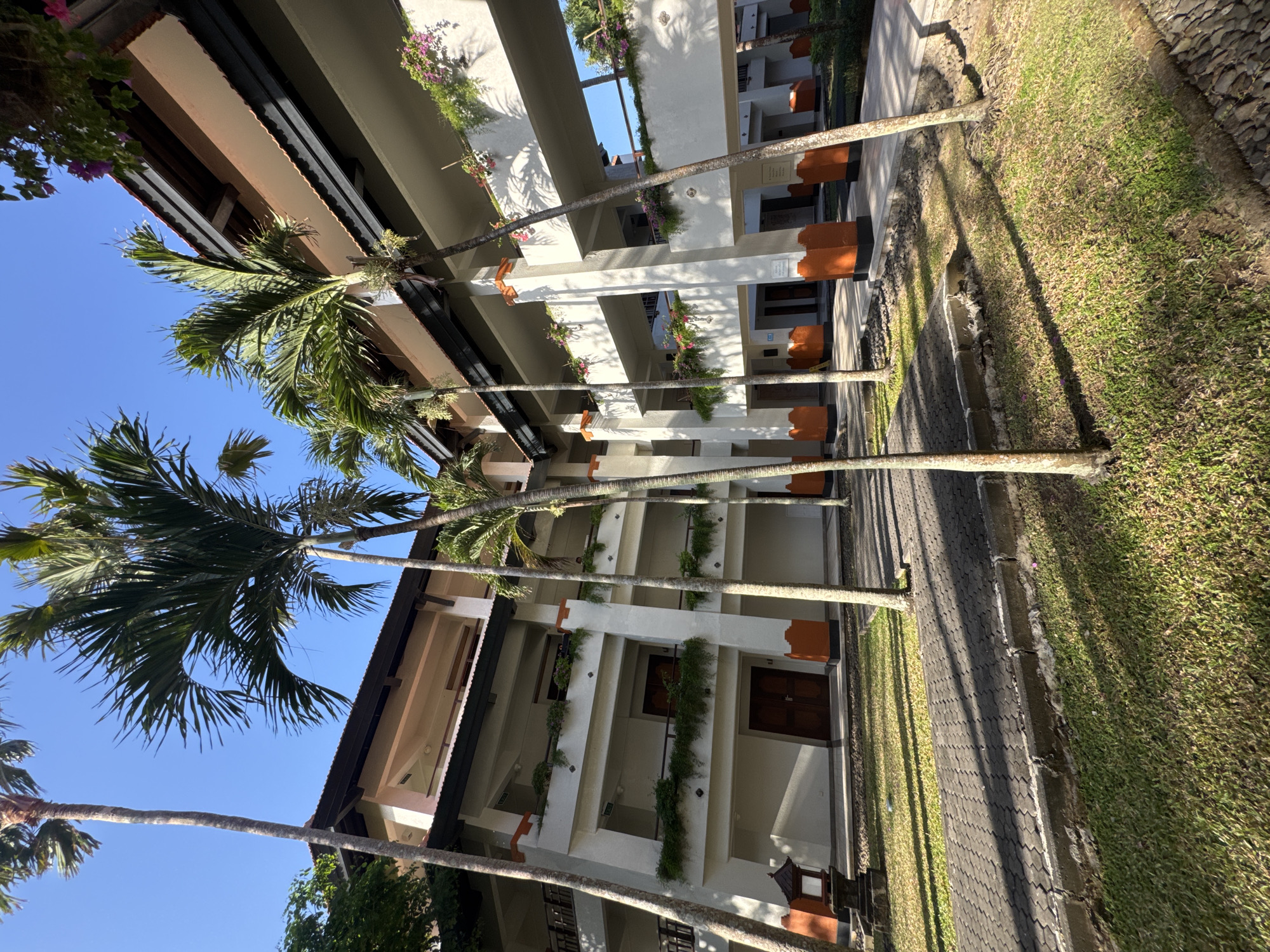 The image depicts a multi-story building with balconies and an open walkway, surrounded by palm trees. The architecture suggests a resort or hotel complex, with white walls, orange accents at the base of some columns, and dark-tiled roofs. Greenery, including hanging plants and small trees, is visible on the balconies and along the walkways. The ground is a mix of paved pathways and grass. The lighting indicates it is daytime, with clear blue skies and strong shadows cast by the palm trees, suggesting bright sunlight. The scene is devoid of any people, animals, or any apparent activity, presenting a tranquil and architectural snapshot of the location. The presence of the palm trees and the architectural style are characteristic of tropical environments. This scene is likely located in Kuta Selatan, Indonesia, a region known for its beach resorts and tropical foliage.