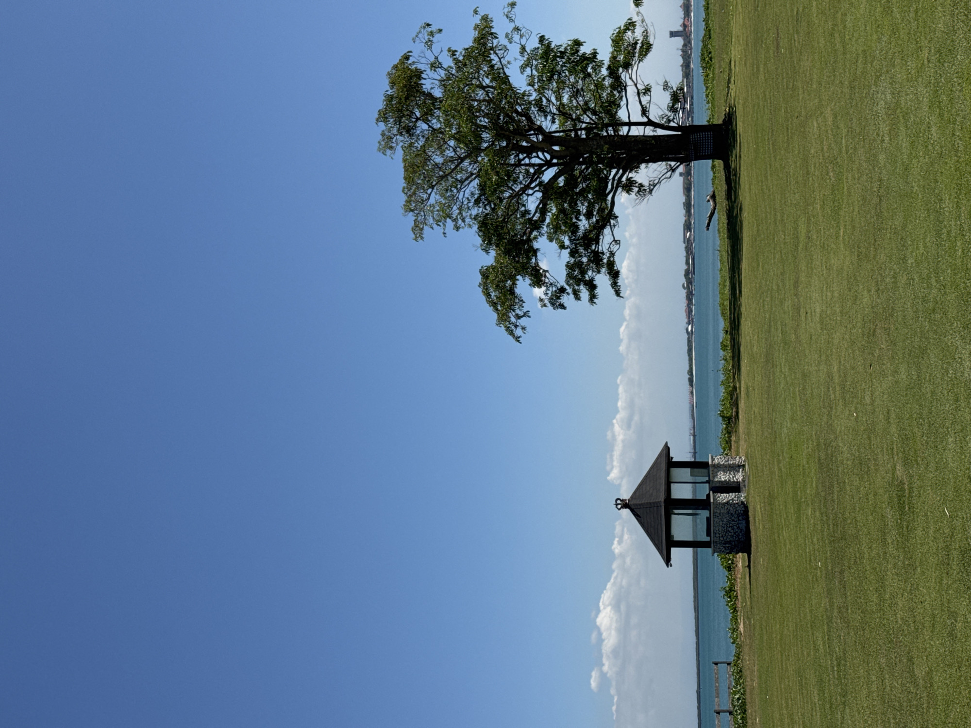 The image shows a scene in Kuta Selatan, Indonesia, featuring a tree, gazebo, lawn, and body of water under a blue sky. The tree is positioned on the upper right side of the frame, with green foliage and a dark trunk. To the lower right, a small gazebo with a dark roof and stone structure is visible. A green lawn covers the ground. In the background, a body of water is visible, separated by a thin strip of land. The sky is clear and blue.