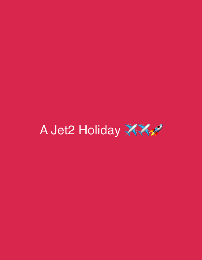 The image displays a digital graphic with a solid, dark pink (crimson) background. No people are visible in the image. Centrally positioned, towards the lower half of the frame, is white text that reads "A Jet2 Holiday". To the right of this text, there are three emojis arranged in a horizontal line. The first two emojis are identical light blue airplanes, depicted flying towards the right. The third emoji is a rocket ship, which is blue with a red nose cone and yellow flames at its base, also facing right as if in flight. The graphic appears to be an advertisement or promotional material, likely for the travel company Jet2, emphasizing holidays and travel. There are no specific location cues, time of day, or weather details as it is a graphic.