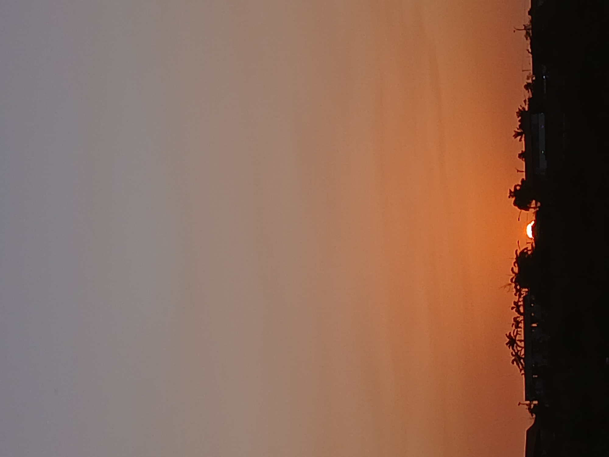 A vertical photograph captures the sunset in Juan Griego, Venezuela. The scene displays a gradient sky, shifting from a muted gray on the left to a vivid orange on the right, where the sun is positioned. The sun is partially visible, with the lower section obscured by silhouettes of trees and structures. The black silhouettes form a detailed edge, depicting the urban landscape against the bright sunset sky.