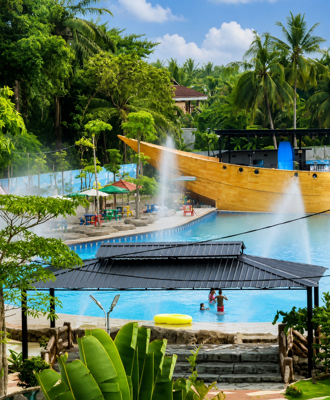 This image depicts a vibrant water park scene, likely located in or near Eampat Kwalamencirim, Indonesia, given the lush tropical vegetation and architecture. Dominating the background is a large, ship-shaped structure made of natural wood, adorned with water fountains that create dramatic plumes against the blue sky. The ship appears to be a play area or decorative element within the park.
In the foreground, a swimming pool with clear turquoise water occupies a significant portion of the frame. Several people are visible in the pool, including at least two children and an adult. One child is wearing a pink swimsuit, while the other appears to be a baby or toddler. An adult, possibly a parent, is also in the water with them. A bright yellow inflatable ring floats on the surface of the water.
A black, multi-tiered canopy shades a section of the pool area, providing relief from the sun. Beyond the pool, there are lounge chairs and tables set up under colorful umbrellas, suggesting areas for relaxation and dining. The surrounding environment is a riot of green, with dense foliage, palm trees, and other tropical plants contributing to the serene, vacation-like atmosphere. The overall scene conveys a sense of leisure and family fun in a tropical setting.