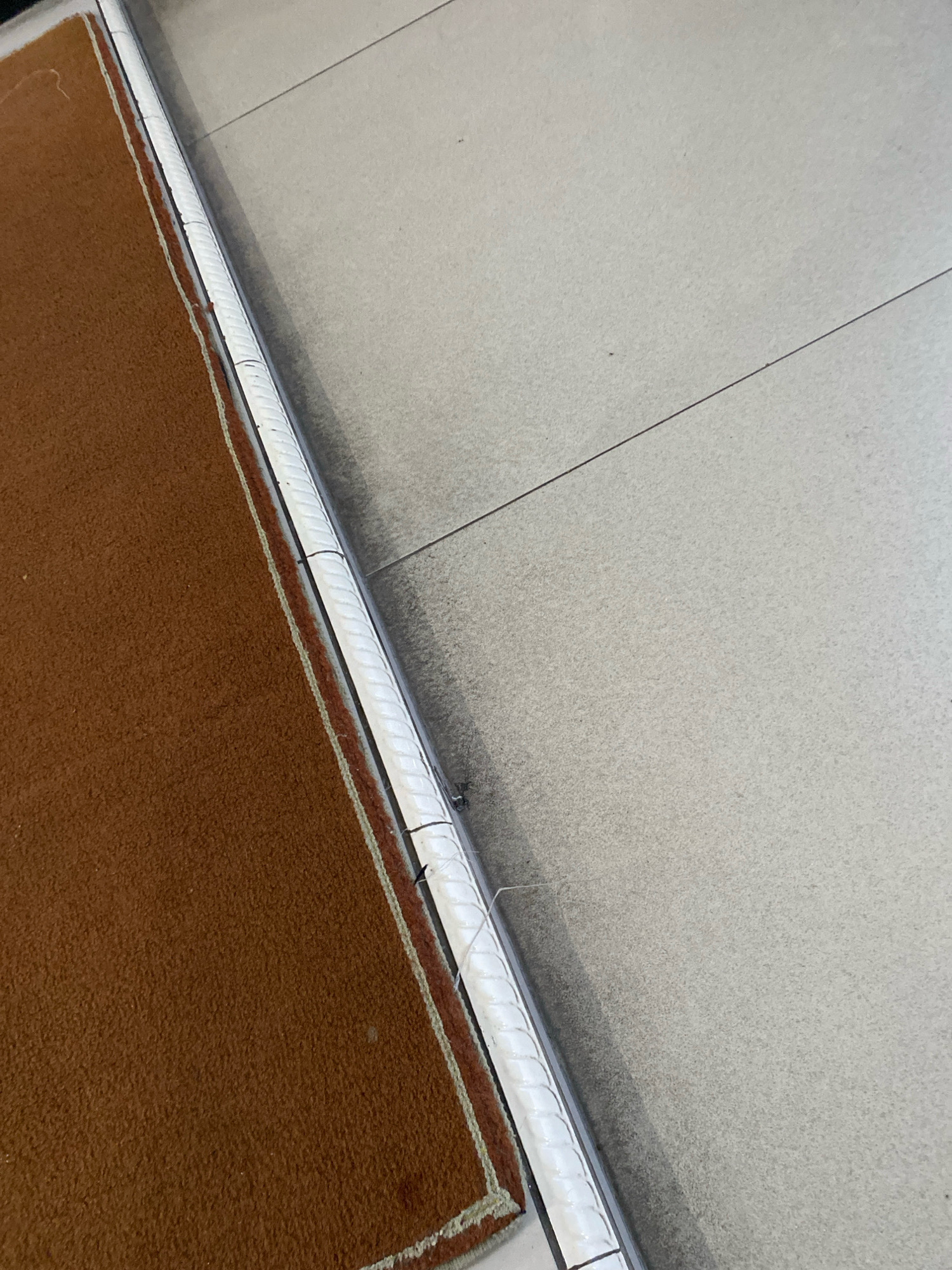 In Karangluhur, Indonesia, a close-up shot shows the edge of a brown carpet bordering a tiled floor. A white, ridged molding runs along the seam between the carpet and the tiles, with a thin metal strip visible underneath it. The tiled floor is a neutral gray with visible grout lines. The lighting suggests an indoor environment.