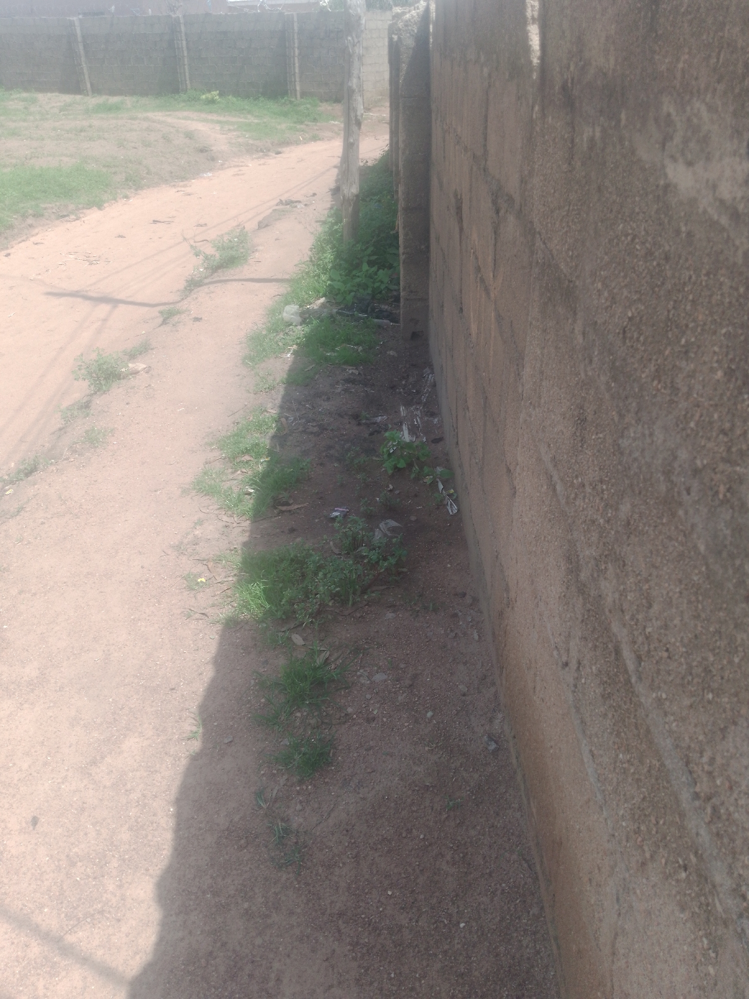 The image depicts an outdoor scene in Jauro Yinu, Nigeria. A dusty, unpaved road or path runs diagonally from the lower left to the upper right of the frame. To the right of the path, a rough, concrete block wall runs parallel to it, extending out of view. A strip of dry grass and sparse vegetation grows along the base of the wall and the edge of the path. In the background, a low concrete fence with barbed wire on top is visible, enclosing an area with patchy grass and some distant structures. The overall impression is one of a rural or semi-urban environment with unkempt surroundings.