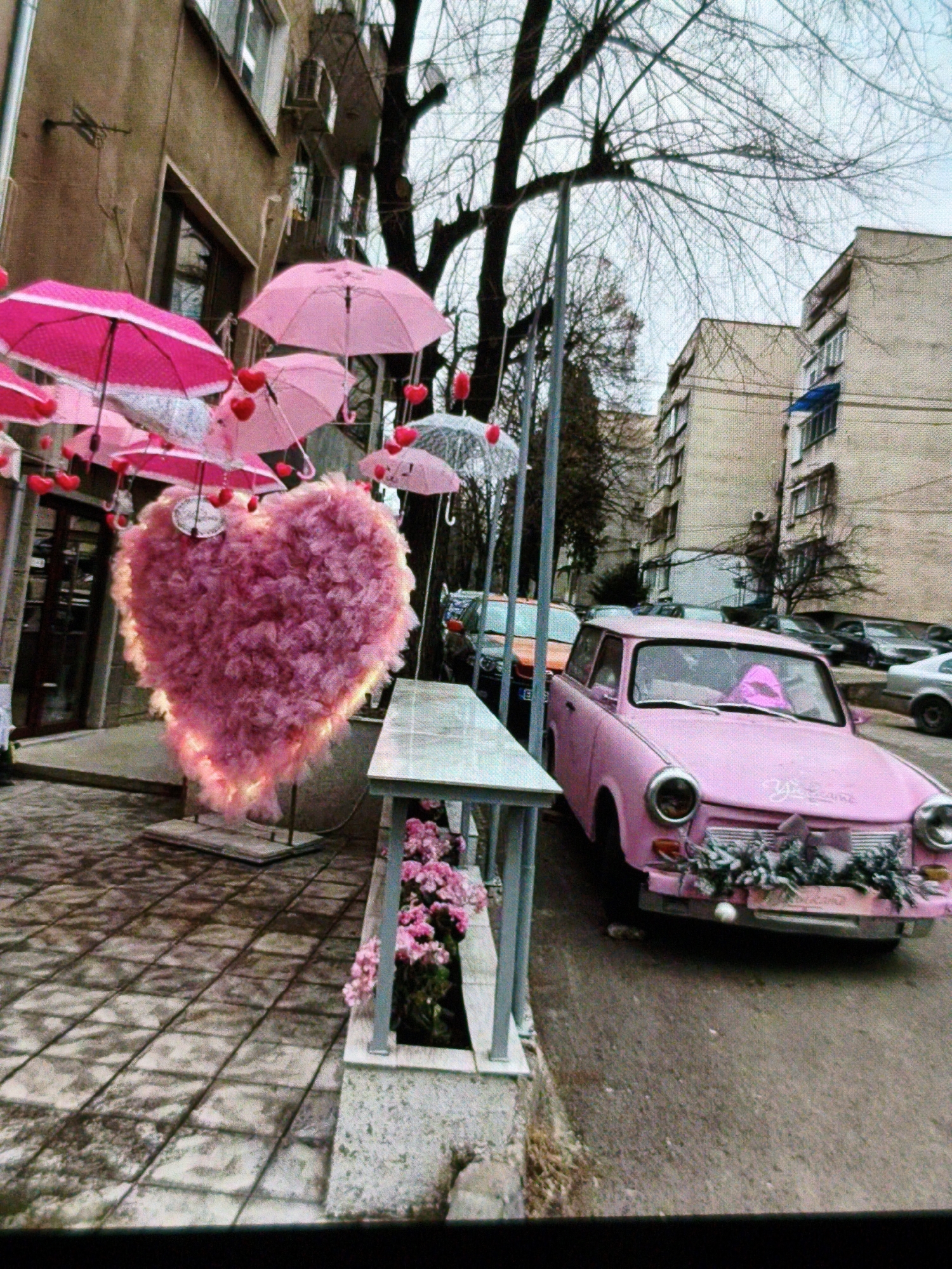 The image depicts a street scene in what is potentially Devin, Bulgaria, indicated by the Trabant car. The scene features a large, fuzzy, illuminated pink heart display. Above the heart, pink umbrellas are hung with small red hearts dangling from them. A pink Trabant car is parked on the street adjacent to the sidewalk where the heart display is located. The car’s bumper is decorated with what appears to be tinsel or a garland of foliage. The buildings in the background are multi-story apartments. The trees are bare, suggesting it is a colder season. There is paving stone for the sidewalk and a barrier that holds a small garden or flower bed. Other cars are parked further down the street.