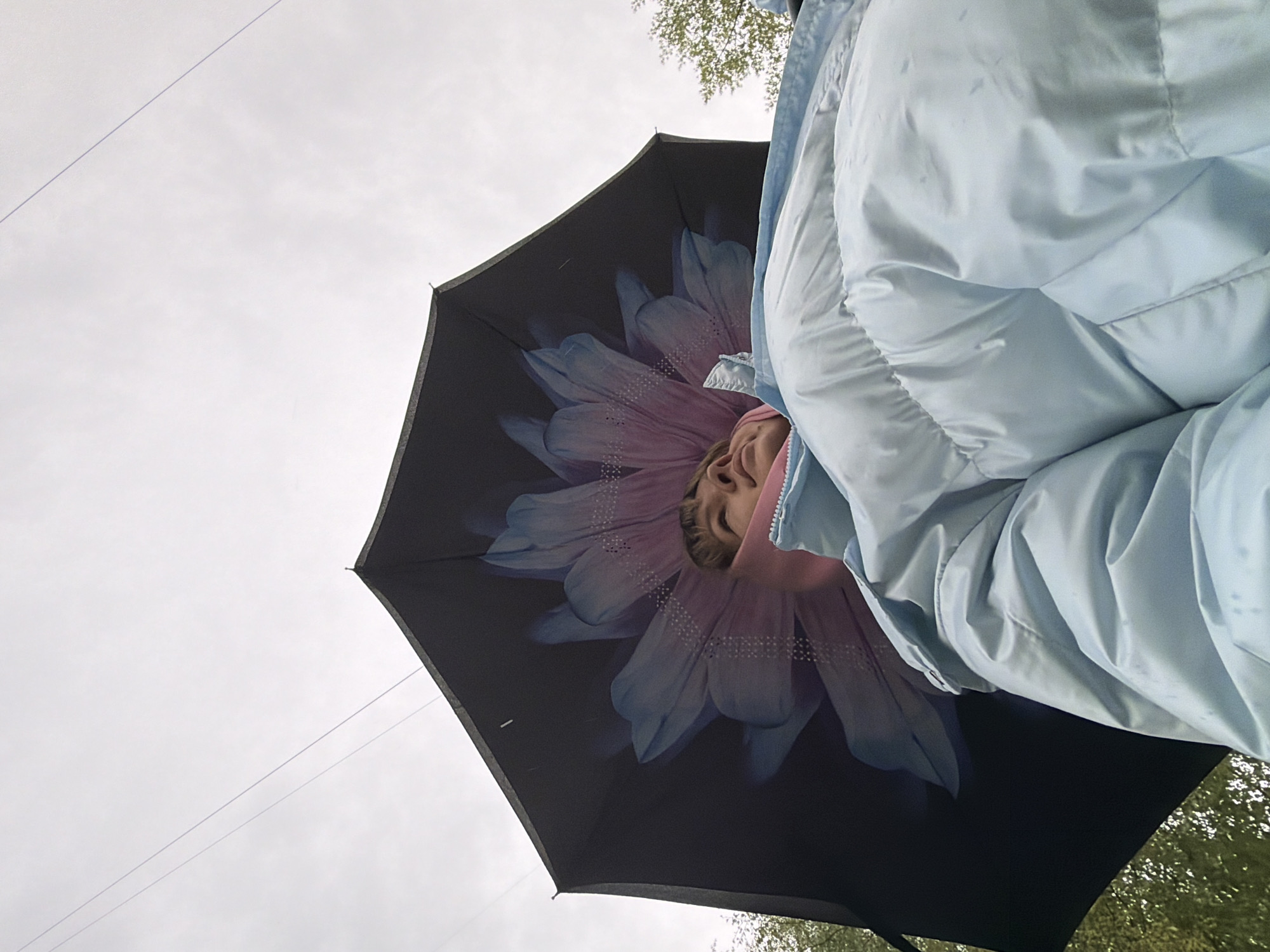 The image depicts a low-angle shot of a person wearing a light blue puffer jacket, holding a black umbrella with a large flower design in the center. The flower design is predominantly blue and pink. The person's face is partially visible through the flower design. The background includes a grey, overcast sky, thin wires, and some trees. The image may have been taken in the city of Chaikovsky, Russia.