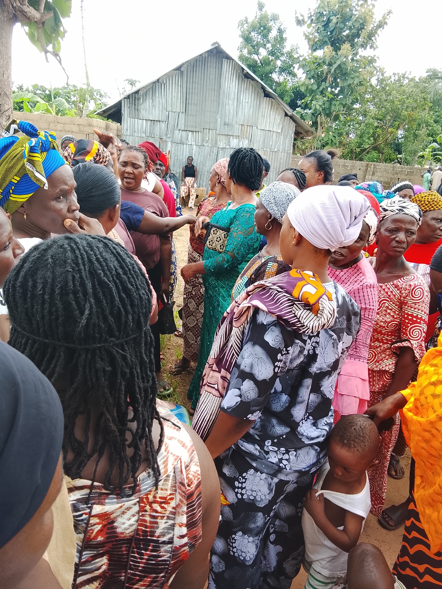 This media file depicts a gathering of people, predominantly women, in what appears to be an outdoor setting in Akwanga, Nigeria. The subjects are a mix of adults and at least one young child. They are dressed in colorful, patterned clothing and headscarves, common in West African attire.
The scene is outdoors, with a corrugated metal structure resembling a shed or small building in the background. Lush green trees and foliage are visible, suggesting a tropical or sub-tropical environment. The ground is dirt, and there is a low brick wall visible. The lighting suggests it is daytime, likely morning or afternoon, under an overcast or bright sky.
The people appear to be engaged in a communal activity, possibly a meeting, social gathering, or awaiting an event. Some individuals are looking towards the camera, while others are engaged in conversation or looking in other directions. One woman in the foreground is speaking animatedly, gesturing with her hands. The overall mood seems to be one of social interaction and community.
There are no visible signs or text in the media file. The details suggest a rural or semi-rural location in Nigeria, characterized by the architecture, vegetation, and the attire of the people. The presence of a young child among the group indicates a family or community-oriented event.