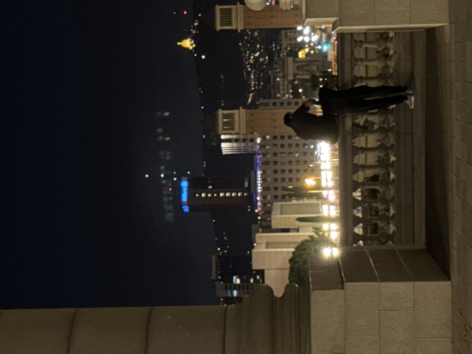 Two individuals are depicted from behind, seated and standing, on a stone balustrade overlooking a cityscape at night. The individual on the left is seated on the balustrade, facing away from the camera. The individual on the right is standing, leaning against the balustrade, with their back to the camera. The background reveals a densely populated city with numerous illuminated buildings and lights, suggesting a significant urban area. Dominating the mid-ground are two distinctive tower-like structures, characteristic of the Venetian Towers (Torres Venecianes) located at the foot of Montjuïc hill in Barcelona, Spain. Further in the background, atop a distant hill, a illuminated building with a golden dome is visible, likely the Basílica de la Sagrat Cor (Temple Expiatori del Sagrat Cor) on Tibidabo mountain. The overall scene captures a nighttime view of Barcelona from an elevated vantage point, with the balustrade and the two towers serving as prominent foreground and mid-ground elements.
