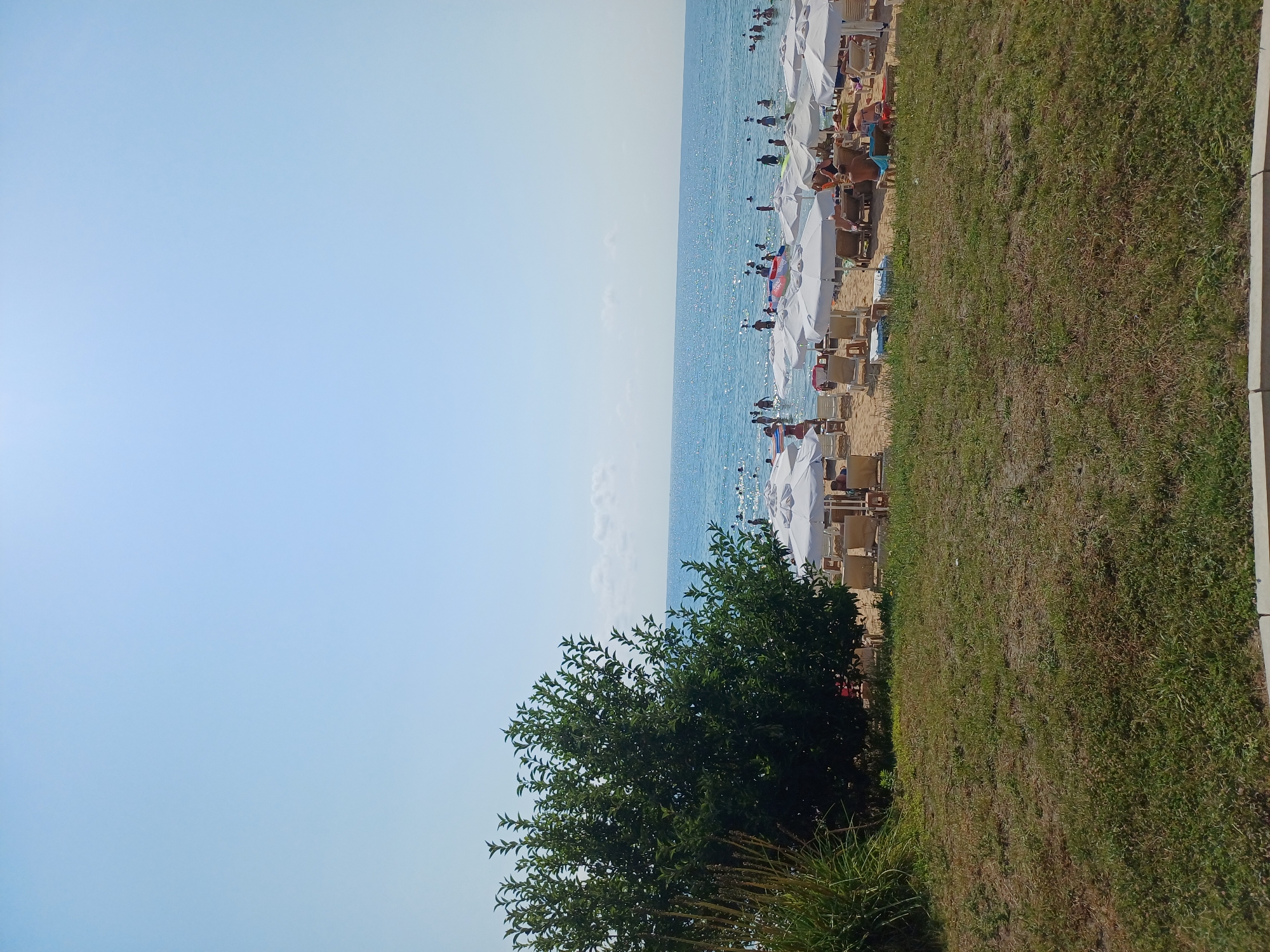 The image captures a sun-drenched day at a beach, likely located in Varna, Bulgaria, judging by the style of beach umbrellas and the general atmosphere. The scene is divided into three main sections: the foreground with lush green grass, the middle ground with a sandy beach populated by beachgoers and white umbrellas, and the background showcasing the clear blue sea under a pale blue sky.
In the foreground, a well-maintained grassy area with some patches of drier grass suggests a park or a well-kept area overlooking the beach. To the left, a dense green bush and some tall, dry grass add a touch of natural wildness to the otherwise organized scene.
The middle ground reveals a bustling beach scene. Numerous white beach umbrellas are set up, providing shade for beach chairs and loungers. People are scattered across the sand, some sunbathing, others relaxing under the umbrellas. A significant number of individuals are in the water, enjoying a swim or wading. Inflatable toys can be seen among the swimmers, indicating a leisure and recreational activity.
The background is dominated by the vast expanse of the sea, its surface shimmering under the sunlight. The water is a vibrant blue, with a clear horizon where it meets the pale blue sky. A few wispy clouds are visible in the distance, adding a subtle texture to the sky. The overall impression is one of a pleasant summer day at the seaside, with plenty of activity and a relaxed, holiday mood.