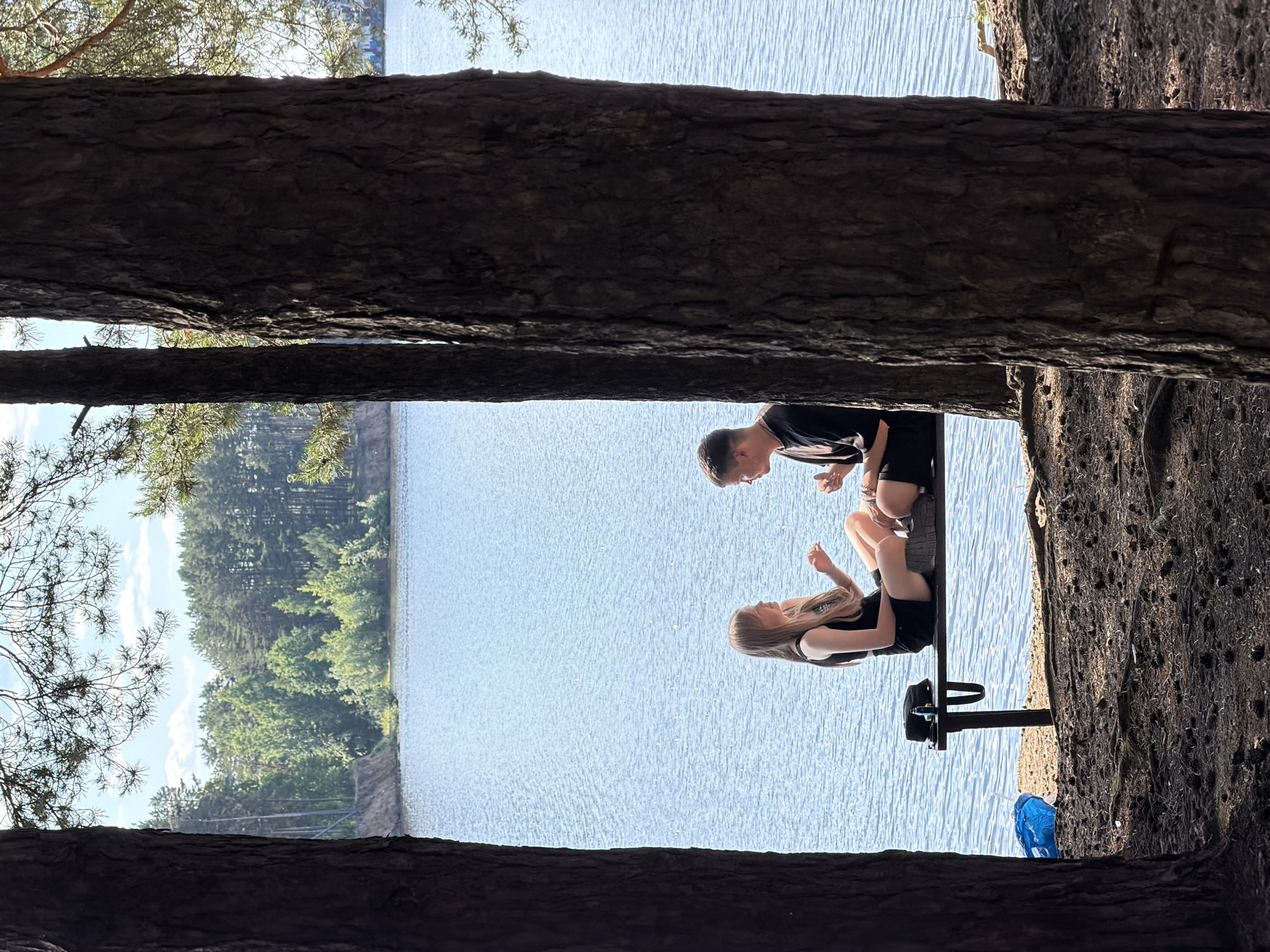 This image, captured in Chaikovsky, Russia, depicts two young individuals seated on a dark-colored bench by a body of water, framed by two large, dark-barked tree trunks. The female, with long light-brown hair, is on the left, wearing a black sleeveless top and black shorts. She holds a small, light-colored object in her right hand and gestures towards the male. The male, on the right, has short dark hair and wears a black t-shirt and dark shorts; he also holds a small, light-colored object in his right hand and faces the female. A small black pouch rests on the bench between them.
The ground in the immediate foreground is covered with dark soil, pine needles, and numerous pine cones. A crumpled blue plastic item is visible on the ground to the left of the bench. The background features a calm, blue body of water with visible surface ripples, indicating a sunny day. Across the water, a dense green forest lines the distant shore, with a lighter-colored, possibly eroded bank visible on the far left. The sky above the tree line is bright with scattered white clouds. Overhead and along the edges, pine branches with needles are visible, suggesting the framing trees are pines.