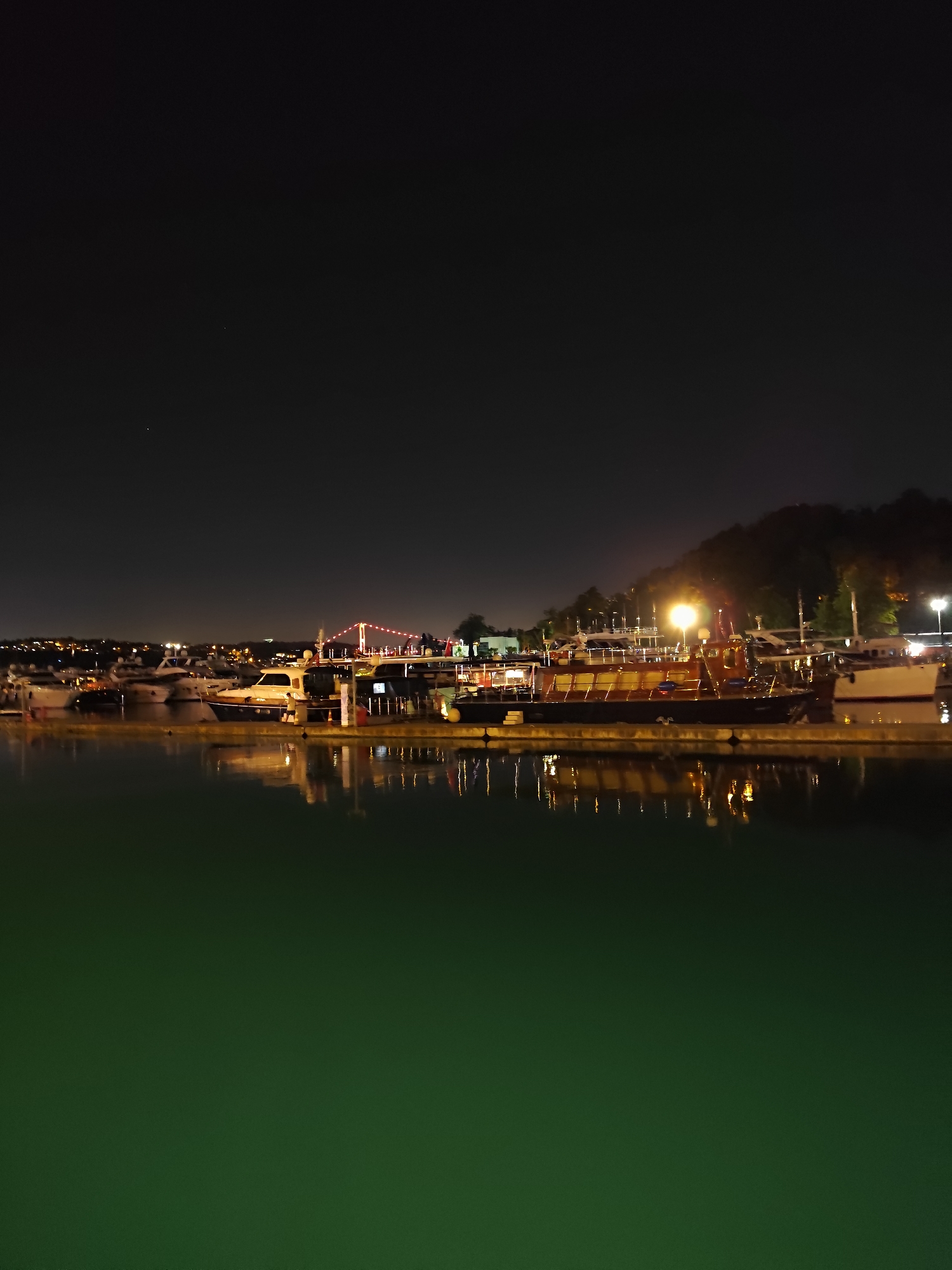The image depicts a nighttime view of a harbor in Sarıyer, Turkey. A body of calm, dark green water occupies the lower half of the frame, reflecting the lights of the scene above. Along the waterfront, numerous boats are docked. These vessels vary in size and design, with some appearing to be yachts and others larger passenger boats. Lights illuminate the decks and cabins of the boats, as well as some streetlights along the shore. In the background, a tree-covered hillside rises, with more lights visible suggesting a town or city. A bridge with illuminated red lights can be seen in the distance, spanning across the water. The sky is dark and clear, with a few faint stars visible. The overall impression is one of a peaceful, illuminated harbor at night.