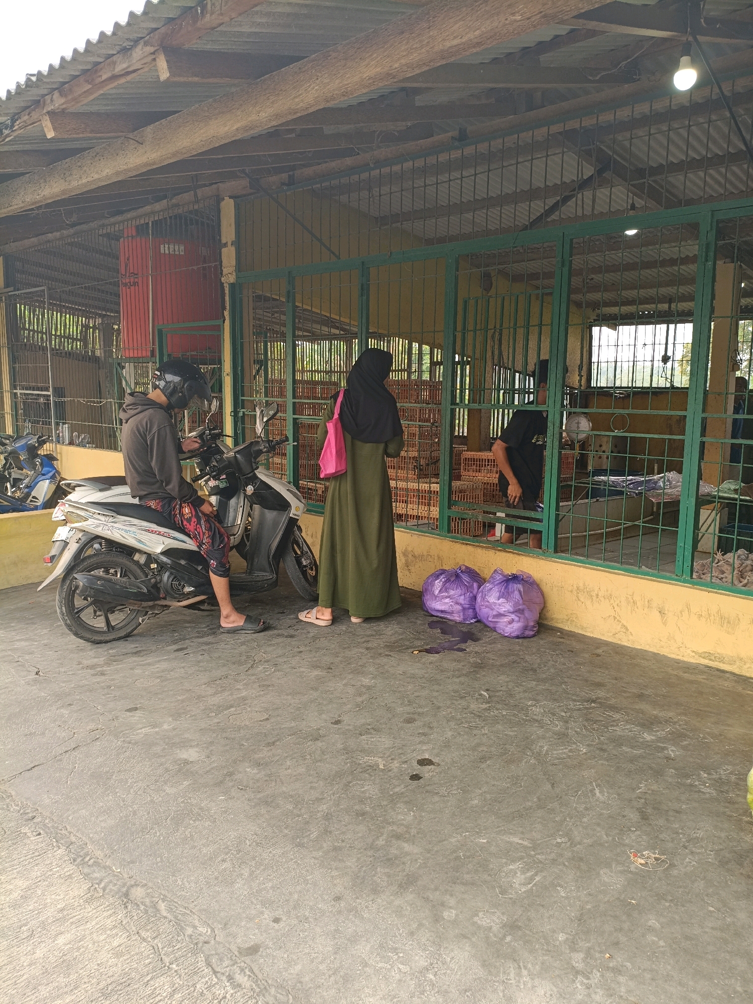 In Maguwoharjo, Indonesia, a person wearing a helmet and a dark hoodie sits on a white scooter. They are dressed in patterned trousers and black flip-flops, and are looking at their phone. To the right of the scooter, a person in a long olive green dress and a black hijab stands facing the scooter, holding a pink bag. In the background, a yellow building is enclosed by green metal bars, creating an enclosure. Inside the enclosure, there are cages containing chickens and other people. Two large purple plastic bags are placed on the concrete ground in front of the enclosure, with some purple liquid spilled around them. The scene takes place outdoors, under a corrugated roof supported by wooden beams, suggesting a marketplace or a similar public area.